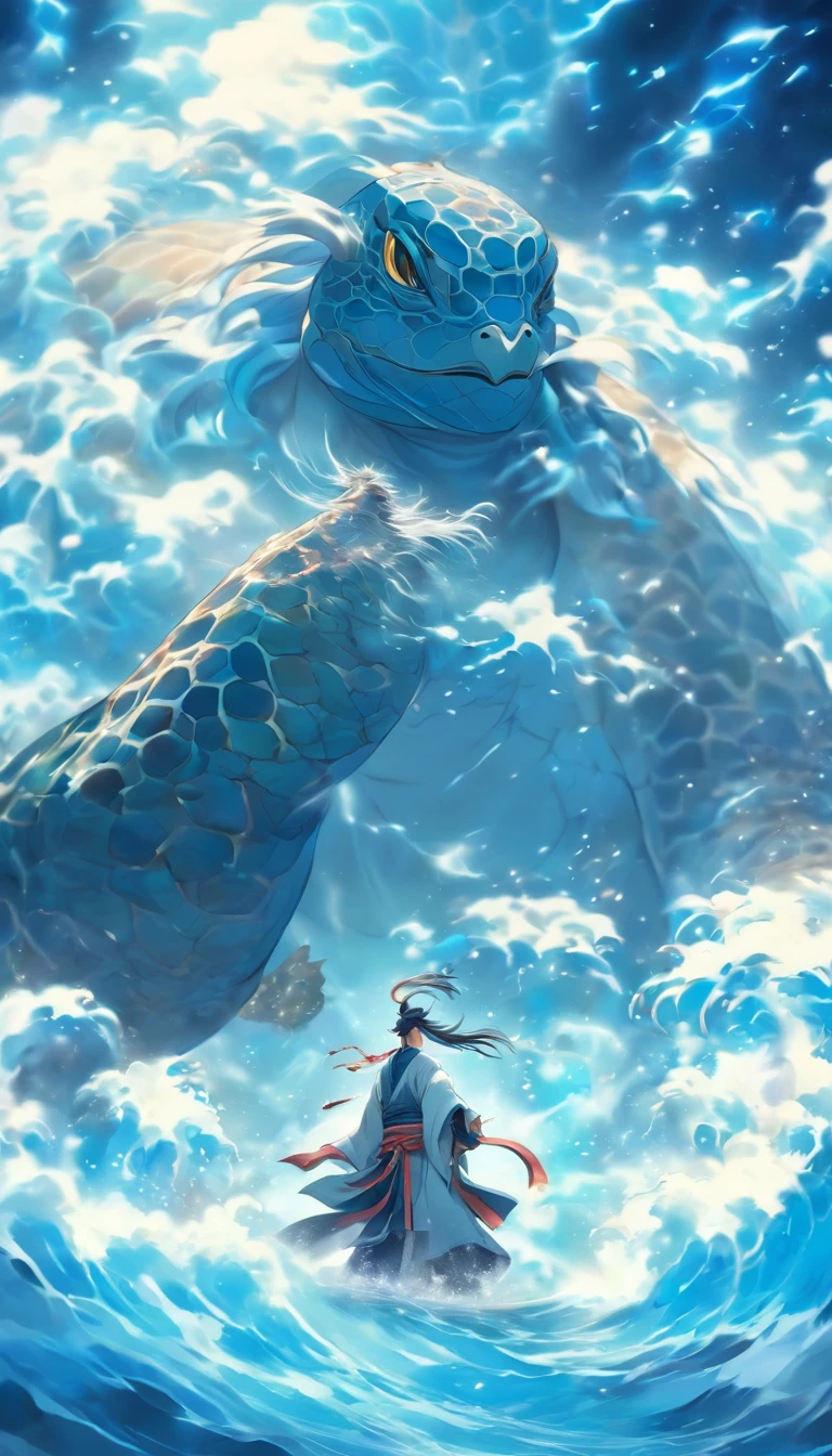 China-style，中景 the scene is，The Taoist priest stood in front of the giant roaring water turtle，blue colors，Stretch your hands，Long messy hair，Glow effects，Hyper-realistic，Ultra photo realsisim，Chinese black and white ink style，Silver，Decolorization，Smudge，ink，8K，super-fine，high qulity，OC renderer