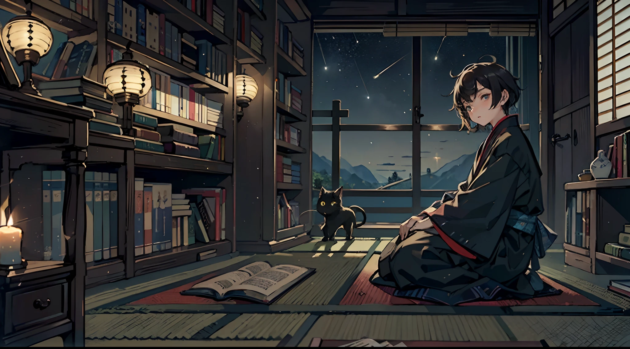 #Quality (intricate-detail、ultra-detailliert:1.2,cinematic shot),
#night sky (darkness of night,no light),
#one writing boy (16 male、writer,Honor Students、A dark-haired、short-hair、hakama,sit flat),
#black room at night (no light,black cat,books on desk,one candle,pretty tatami,a lot of books,bookshelf)