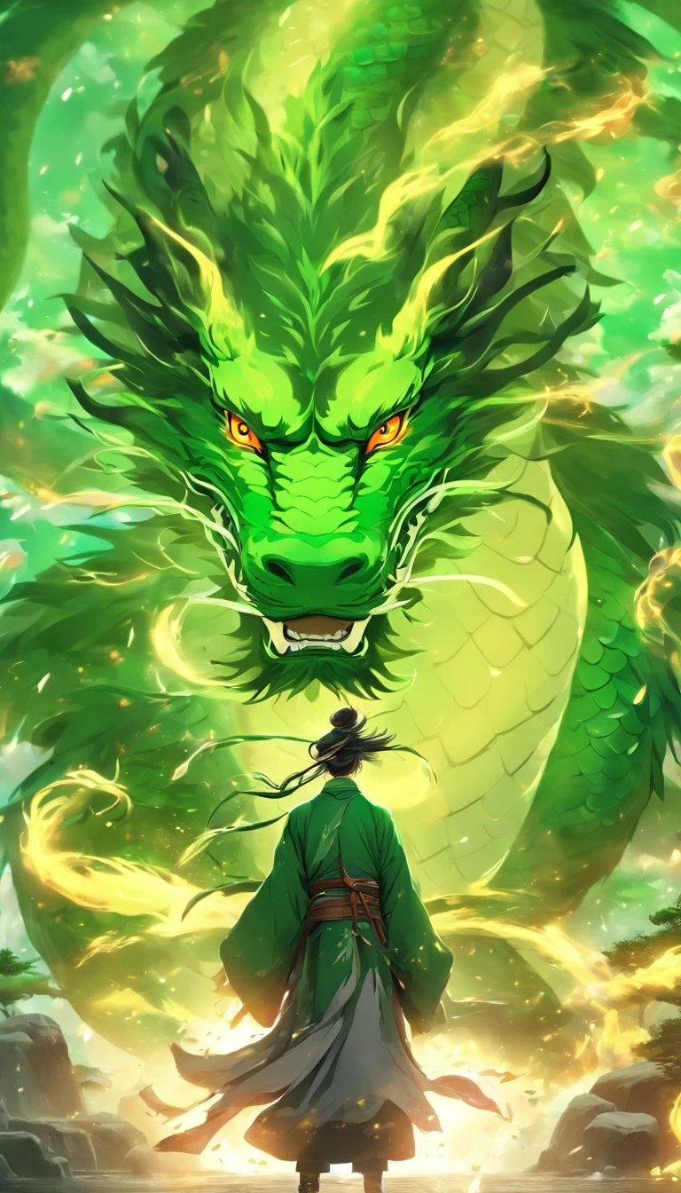 China-style,中景 the scene is,The Taoist priest stood in front of the huge green dragon,Stretch your hands,Long messy hair,Glow effects,Hyper-realistic,Ultra photo realsisim,Chinese black and white ink style,Silver,Decolorization,Smudge,ink,8K,super-fine,high qulity,OC renderer