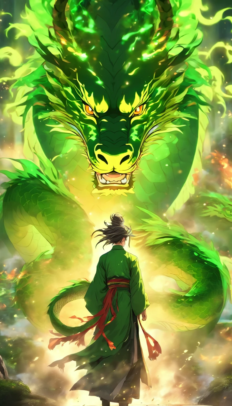 China-style，中景 the scene is，The Taoist priest stood in front of the huge green dragon，Stretch your hands，Long messy hair，Glow effects，Hyper-realistic，Ultra photo realsisim，Chinese black and white ink style，Silver，Decolorization，Smudge，ink，8K，super-fine，high qulity，OC renderer