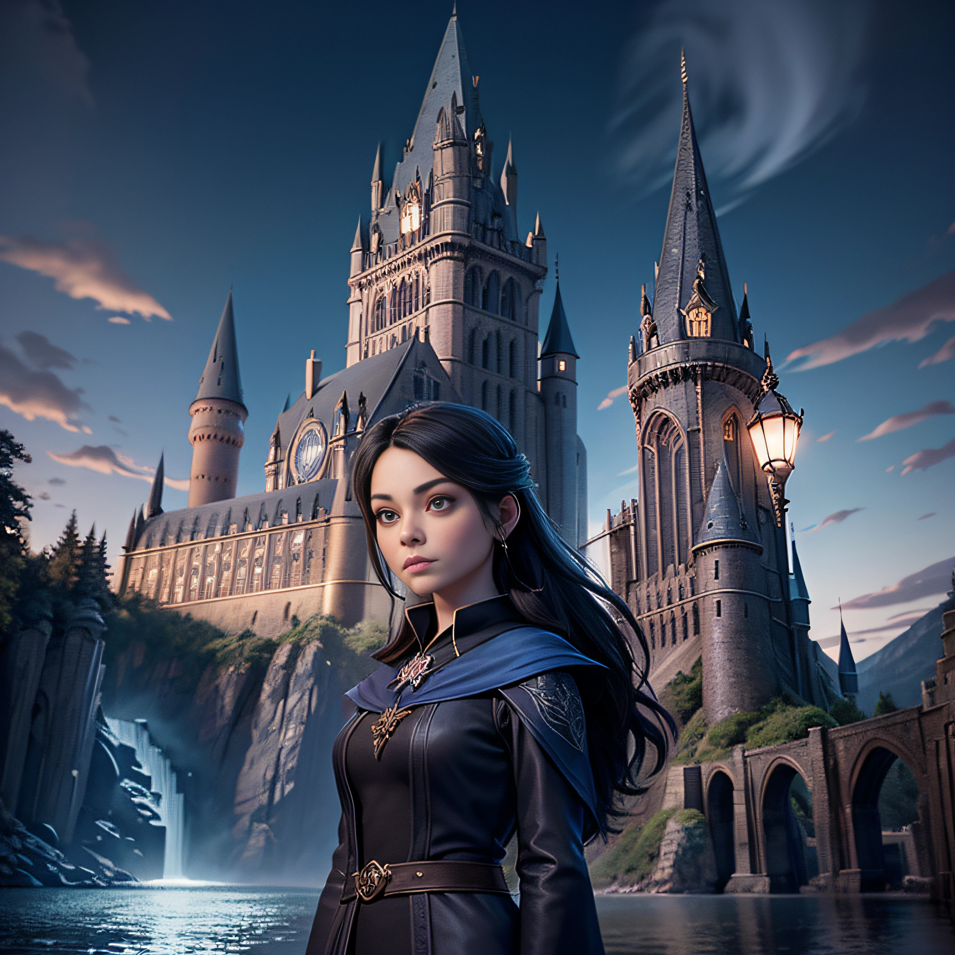 Kristin Kreuk: The Witch of Hogwarts (Ravenclaw) brune, avec le professeur Dumbledore devant le chateau de Hogwarts. beaux yeux verts. Black and blue witch's dress with a Ravenclaw crest. Elle a de longs cheveux bruns. ponytail. Nuit de pleine lune, Hogwarts Castle in the background. Illuminated by moonlight and lamps in the city. Chef d'oeuvre. golden ratio. highly detailed. very wide shot. Very large plan.