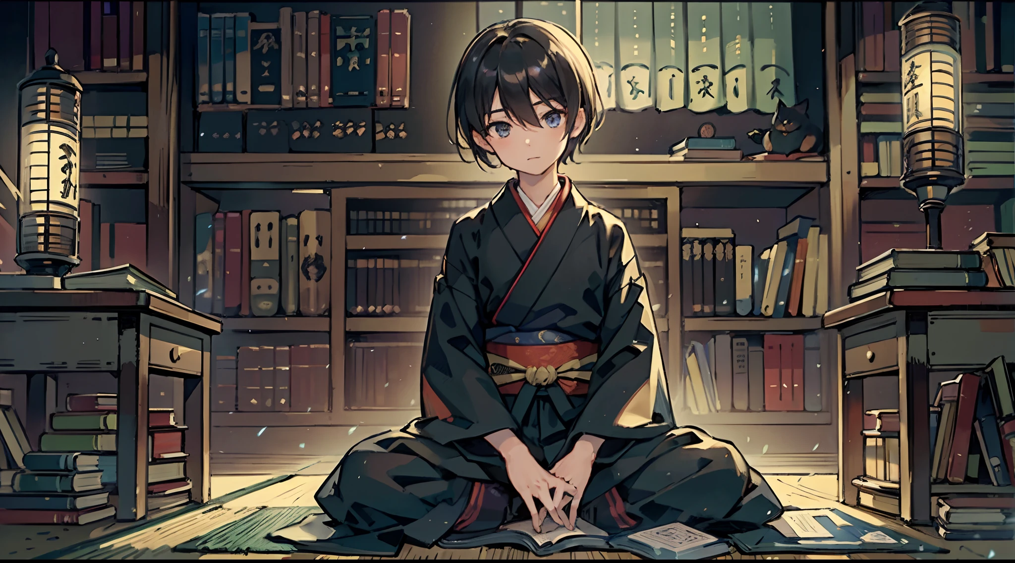 #Quality (intricate-detail、ultra-detailliert:1.2,cinematic shot),
#night sky (darkness of night,no light),
#one writing boy (16 male、writer,Honor Students、A dark-haired、short-hair、hakama,sit flat),
#black room at night (no light,black cat,books on desk,one candle,pretty tatami,a lot of books,bookshelf)
