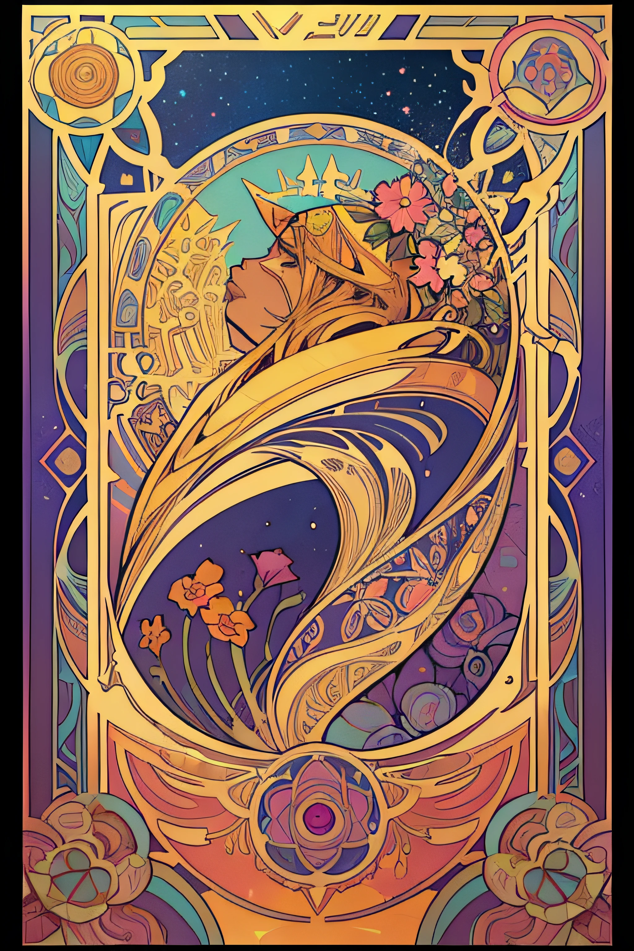 master-piece, Egypt, Floral frame, Many types of flowers, Interstellar background, clouds, decorative panel, Abstract realism, art, Alphonse Mucha (high-res: 1.4), detaild, color splashes, line art, vibrant colours, many colors