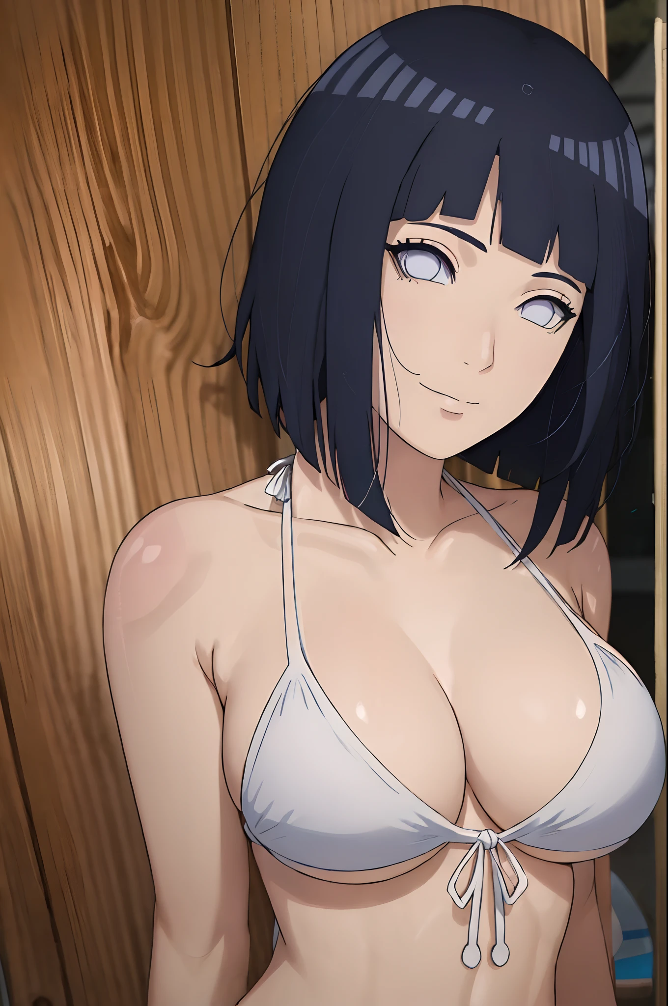 (WALLPAPER, (hinata\(boruto\), (((white string bikini))), masterpiece, 4k, vector coloring, whole body shot, (high color saturation), contrast lighting, mature female, (curvy:0.8), solo, anime style, sharp focus, professional artwork, intricate details, colorful, vibrant colors, vivid colors, digital blending, ultra detailed body, ultra detail hair, ultra detail face, trending on pixiv, very hot colors, (((beach background, outdoors))), detailed bold arm lines, high color saturation, bold lines, bold drawing lines),
(((hand against wall)), (head tilt), closed mouth, kind smile, gentle look),
((dark blue hair color:1.1), wavy hair, ((short hair, hime cut)),
(perfect eyes, white sciera, bright eyes, white eyes, anime eyes, smoky eyeliner, eyeshadow)
(white skin, (fair skin), slender body, milf, perfect face),
(legs, big breasts, off-shoulders, (detailed shoulders, detailed arm lines)),
(bare shoulders, bare legs, (closed fists),