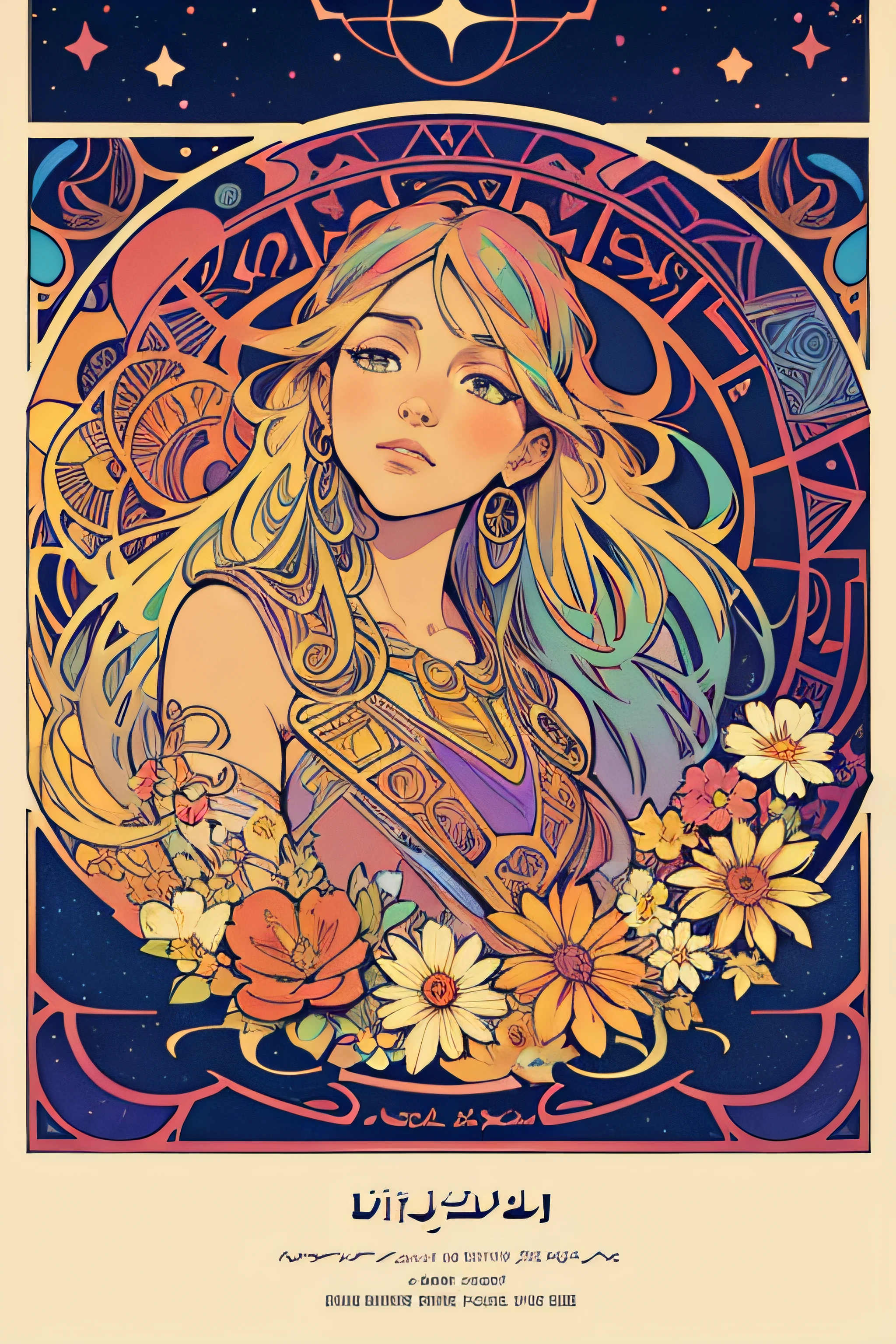 master-piece, Egypt, Floral frame, Many types of flowers, Interstellar background, clouds, decorative panel, Abstract realism, art, Alphonse Mucha (high-res: 1.4), detaild, color splashes, line art, vibrant colours, many colors