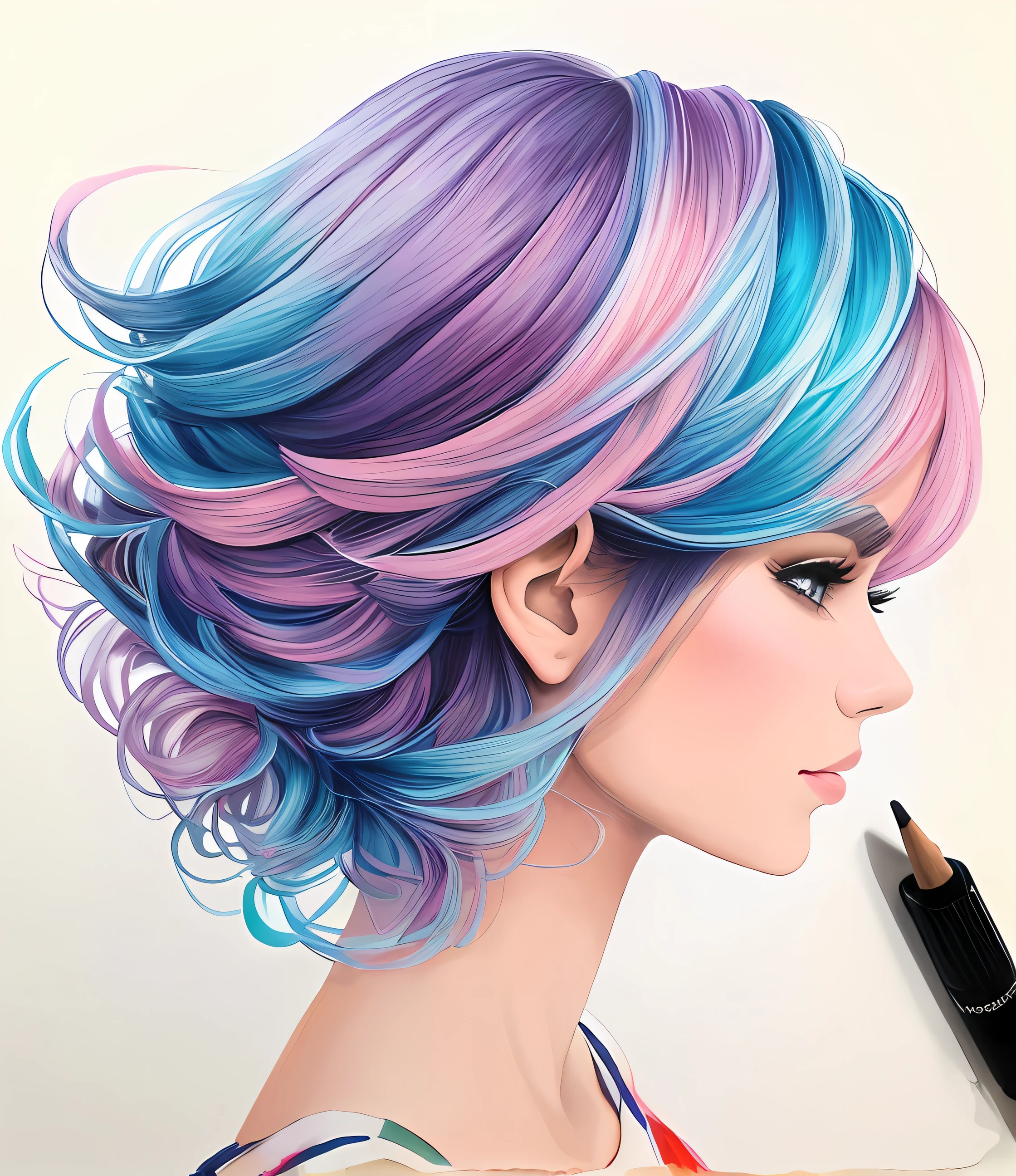 um desenho de uma mulher com longos cabelos rosa e uma borboleta, mixed media style illustration, azul. cabelo detalhado, estilo de arte bonito, detailed fashion illustration, cabelo longo violeta, aquarela artstyle, estilo de arte impressionante, colorfull illustration, RossDraw pastel vibrante, desenho colorido, cabelo rosa e azul, cabelos longos coloridos, air brush illustration, arte detalhada bonito