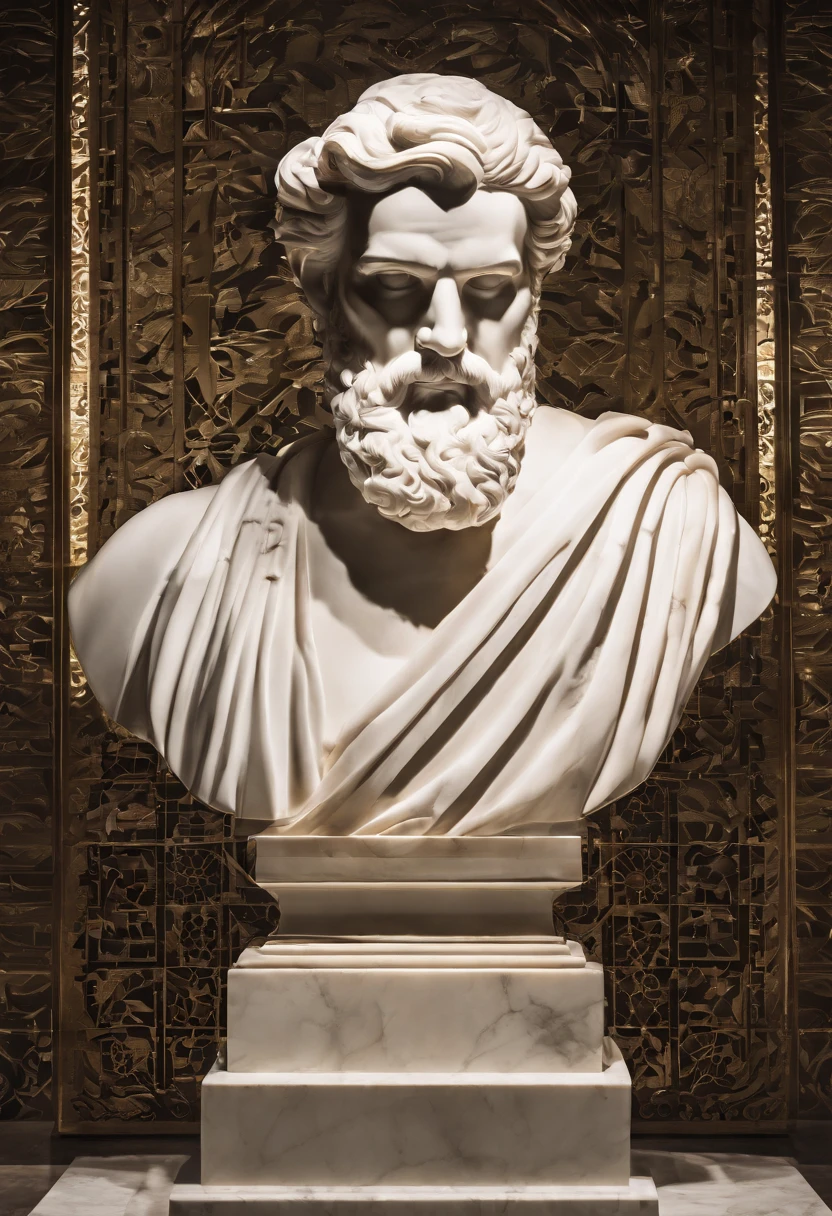 White marble statue of bust of wise man with the style of the bearded Greek philosopher in the museum. Atmosfera escura, alto contraste de luz e sombra, fotografia profissional, utrarealista, Light Volumetric, cinemactic