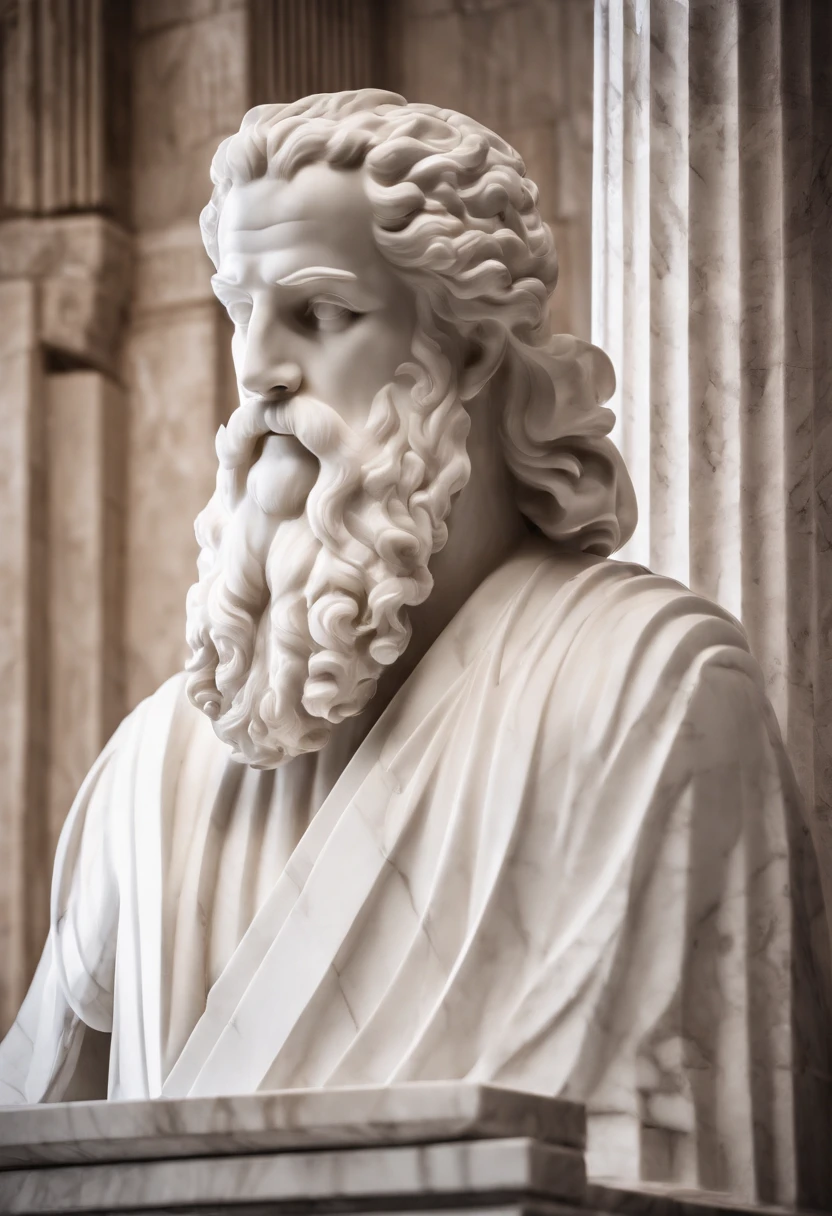 White marble statue of bust of wise man with the style of the bearded Greek philosopher in the museum. Atmosfera escura, alto contraste de luz e sombra, fotografia profissional, utrarealista, Light Volumetric, cinemactic