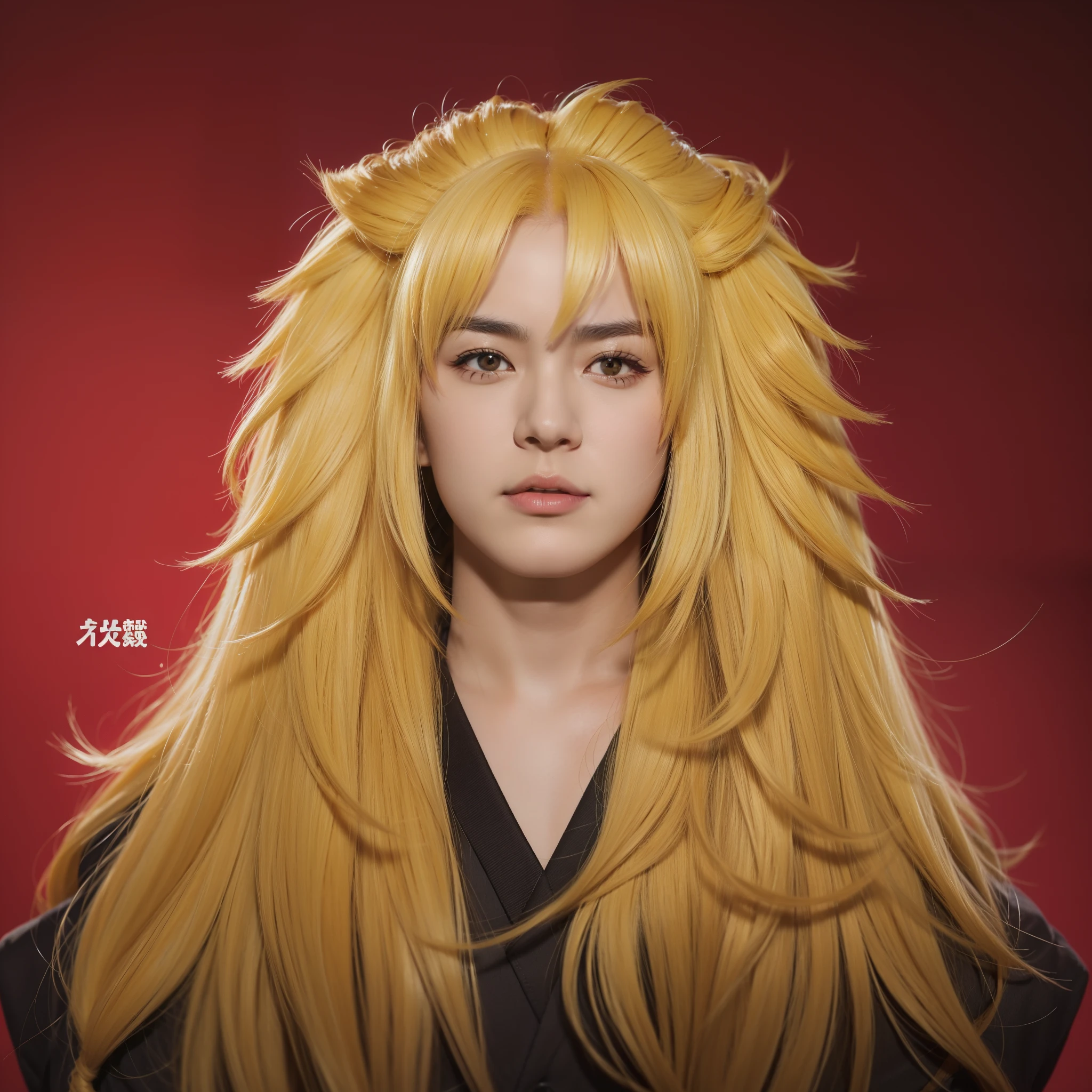 Real life adaption of this character ,adult Japanese man ,realistic yellow long spiky hairstyle,realistic eyebrow,realistic outfit,hyper realistic,realism,realistic light,realistic shadow(photorealistic:1.2)