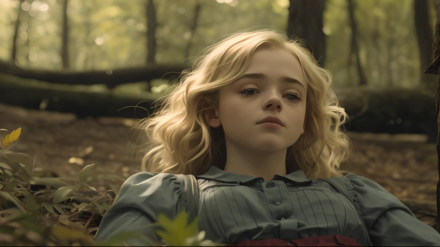de cabelos loiros deitada na floresta com os olhos fechados, cinematic, and still of a tired, a still of an ethereal, julia garner, deitado no caminho da floresta, # Film, Still of a cinematographic and live action, Elle Fanning), Still of the cinematographic and, Still frame of a cinematographe, inspirado em Sophie Anderson, Elle Fanning, Still of the cinematographic and, still of a cinematic and fantasy