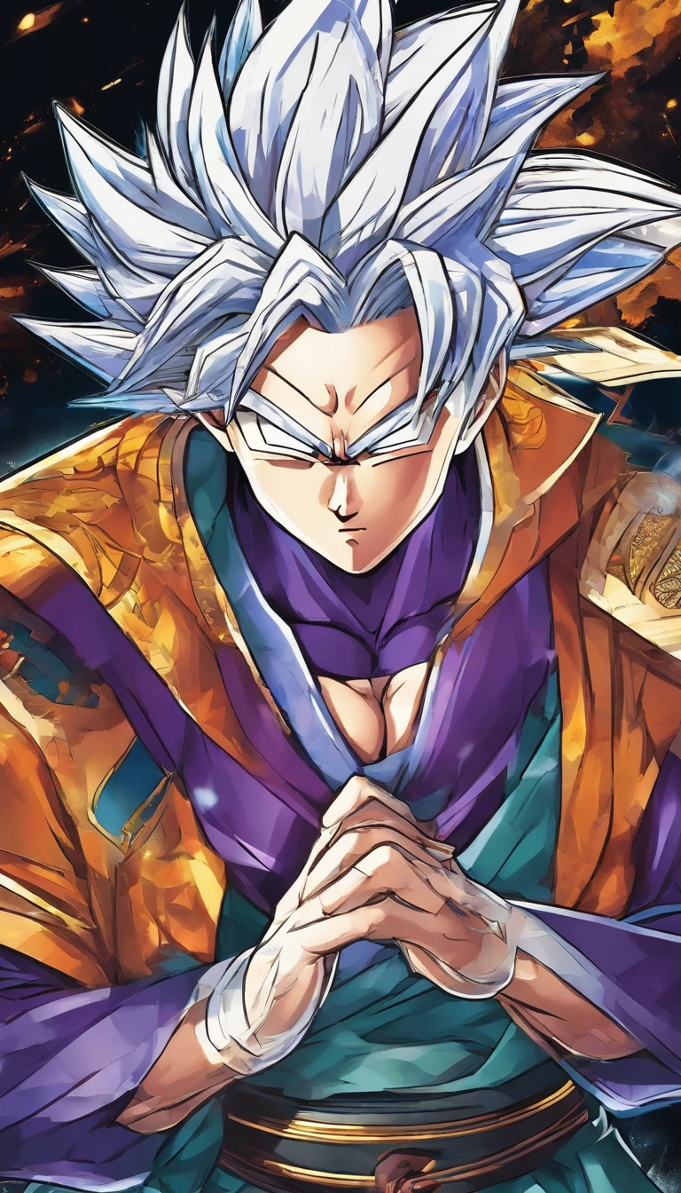 A true masterpiece of masculine beauty. gohan, super sayagin 5, 20 years old, Wears a martial arts outfit and fights in a haunted and abandoned city, solo. Moonlight accentuates muscles just right. The landscape is lush and mysterious, with a dark city. The camera details everything. When looking at beautiful eyes, attractive blue eyes facing the viewer, one can clearly see every small detail, every perfect line, every detail of beautiful 8K quality skin, everyone is captivated by the beauty. Confidence radiates from every look. His head has white hair and his face is meticulously detailed in 8K quality images. Is a character in the Dragon Ball Seven series.