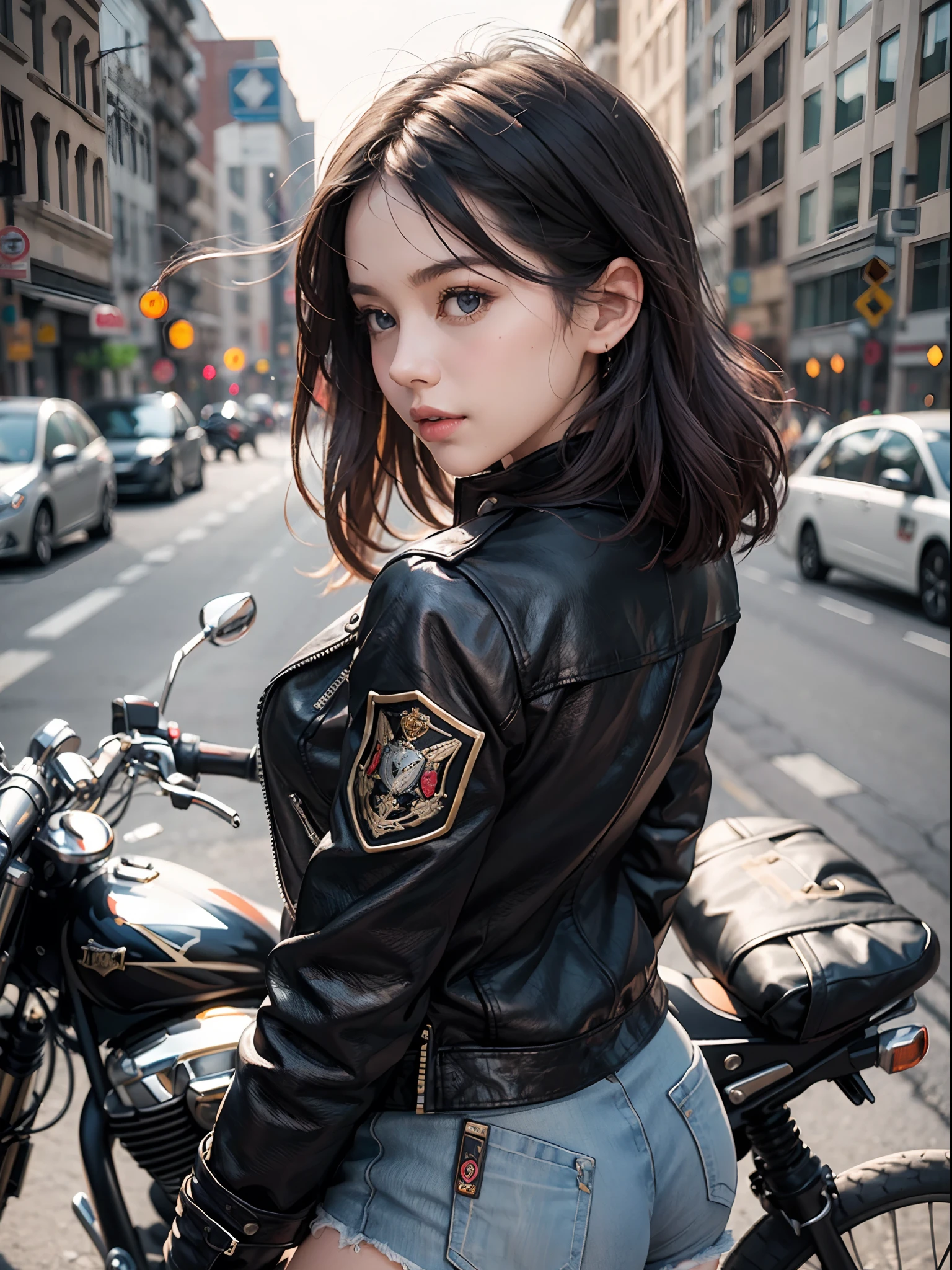 1girl in, Bikes and glamorous beauty、Focus on the hips、Cool pose、Looking at the camera、Riders Jacket| (Metal decoration、Large emblem on the back), Too short shorts │ leather、Exposing your feet、Rider Boots、American Highway、masutepiece、top-quality、Reflector、profetional lighting、Motorcycle magazine cover style photo