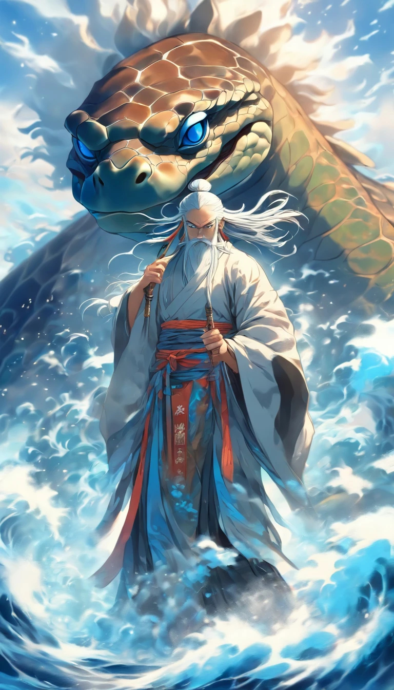 China-style,中景 the scene is,The Taoist priest stood in front of the giant roaring water turtle,blue colors,Stretch your hands,Long messy hair,Glow effects,Hyper-realistic,Ultra photo realsisim,Chinese black and white ink style,Silver,Decolorization,Smudge,ink,8K,super-fine,high qulity,OC renderer
