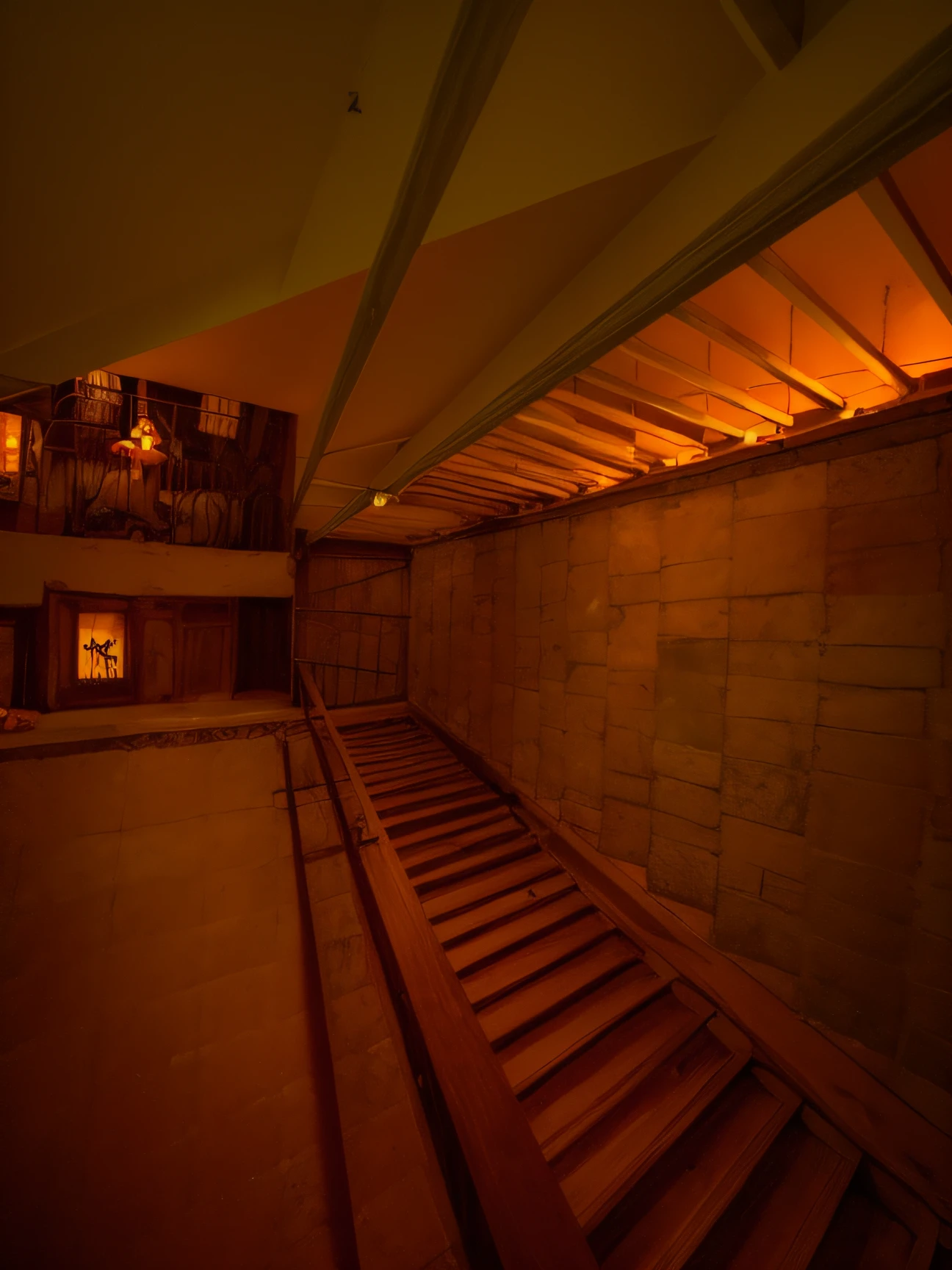 deixe esta imagem com tema de Halloween, with pumpkins , caveiras, bruxas e fantasmas de maneira mais sutil, maintaining the pattern of the staircase and the structure of the place