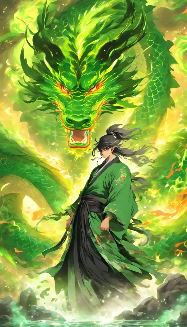 China-style，中景 the scene is，The Taoist priest stood in front of the huge green dragon，Stretch your hands，Long messy hair，Glow effects，Hyper-realistic，Ultra photo realsisim，Chinese black and white ink style，Silver，Decolorization，Smudge，ink，8K，super-fine，high qulity，OC renderer