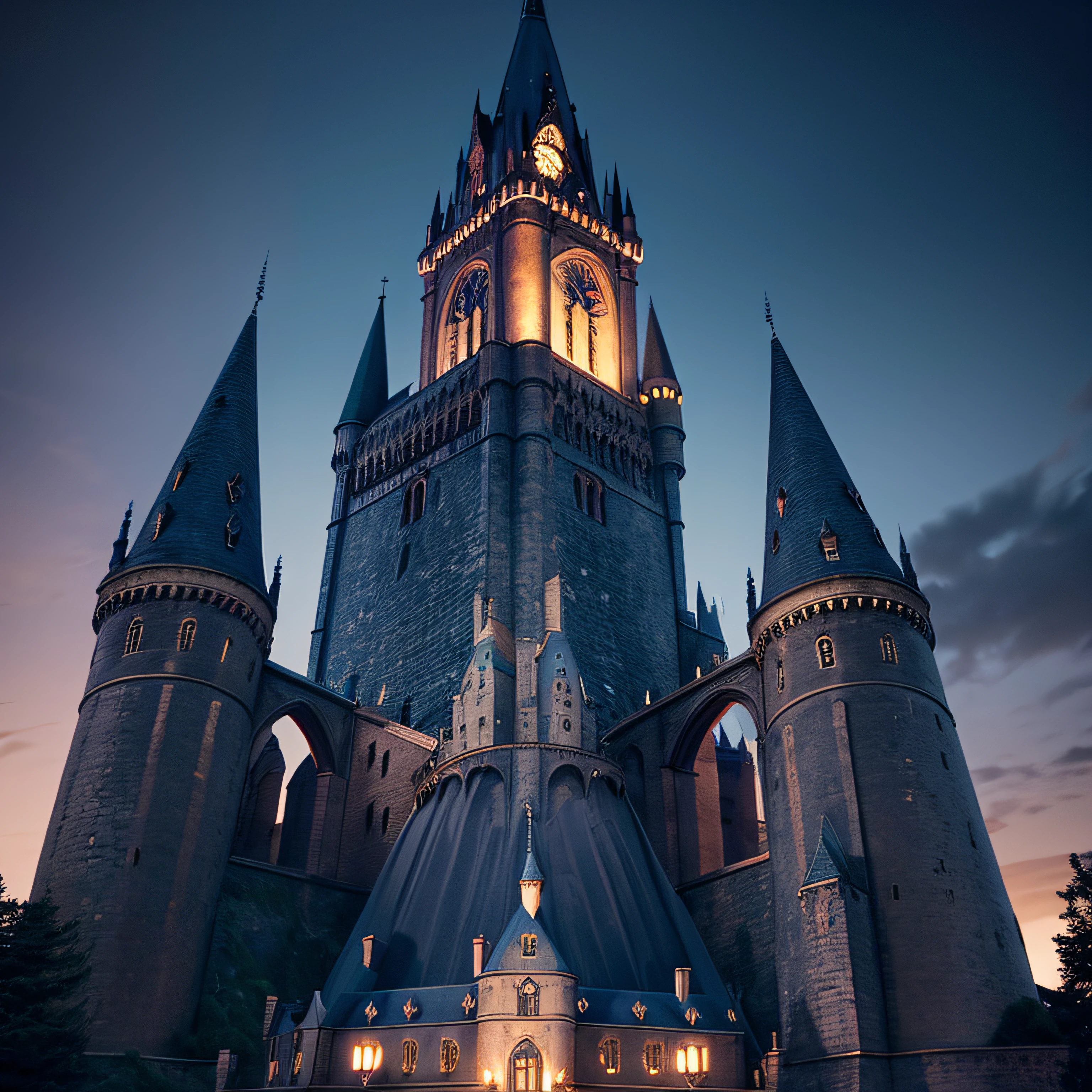 Kristin Kreuk: The Witch of Hogwarts (Ravenclaw) brune avec de beaux yeux verts., avec Harry Potter (Daniel Radcliffe) devant le chateau de Hogwarts. Black and blue witch's dress with a Ravenclaw crest. Elle a de longs cheveux bruns. ponytail. Nuit de pleine lune, Hogwarts Castle in the background. Illuminated by moonlight and lamps in the city. Chef d'oeuvre. golden ratio. highly detailed. very wide shot. Very large plan.