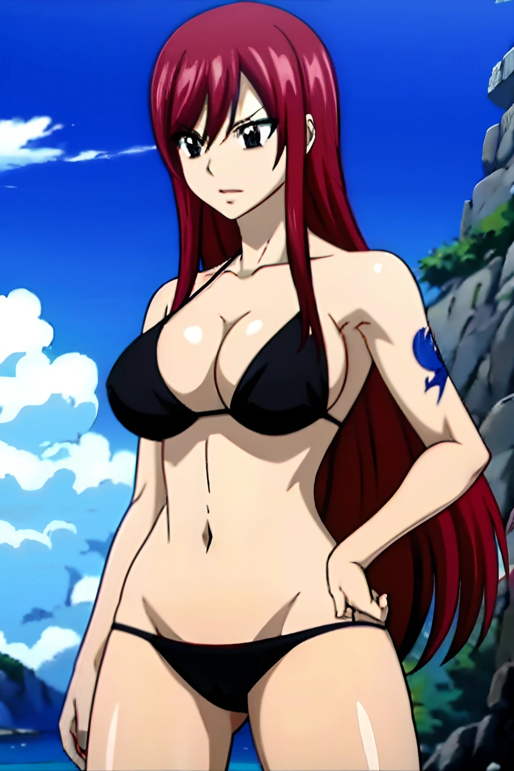 Scarlet erza, black bikini, adult woman, big breasts, standing, cowboy shot, best quality, (clean body), fair skin, (tattoo on left shoulder only), beach, stomach, upper body only, navel