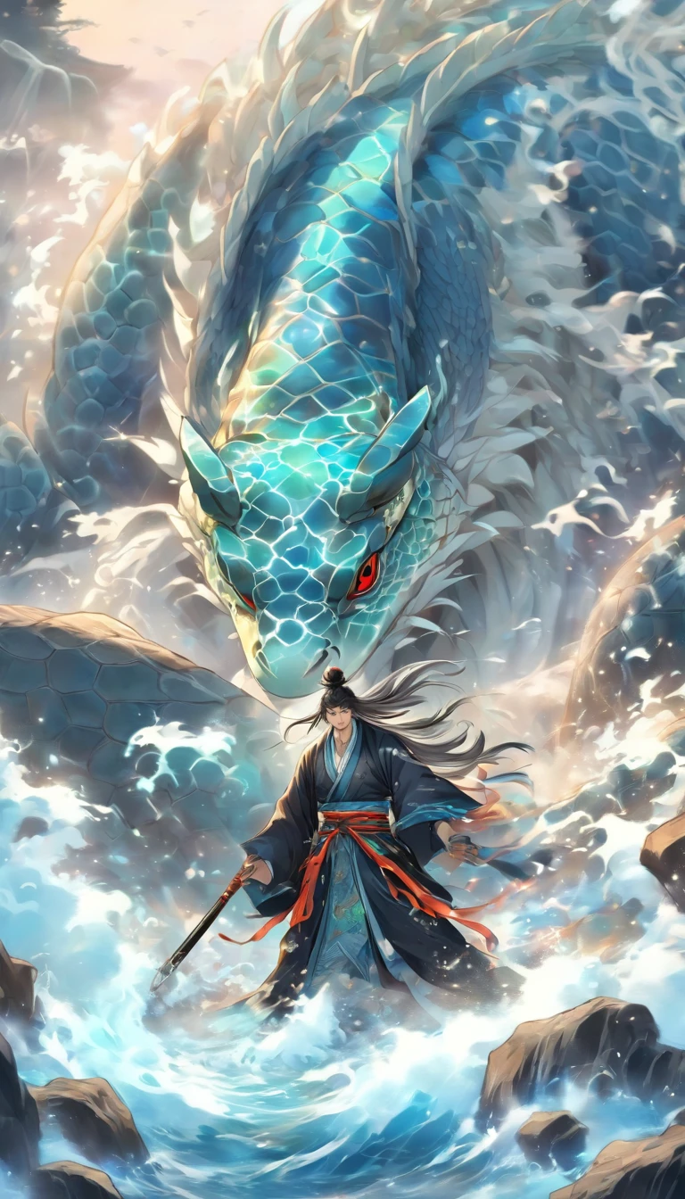 China-style,中景 the scene is,The Taoist priest stood in front of the giant roaring water turtle,Hideous,with thorns,blue colors,Stretch your hands,Long messy hair,Glow effects,Hyper-realistic,Ultra photo realsisim,Chinese black and white ink style,Silver,Decolorization,Smudge,ink,8K,super-fine,high qulity,OC renderer