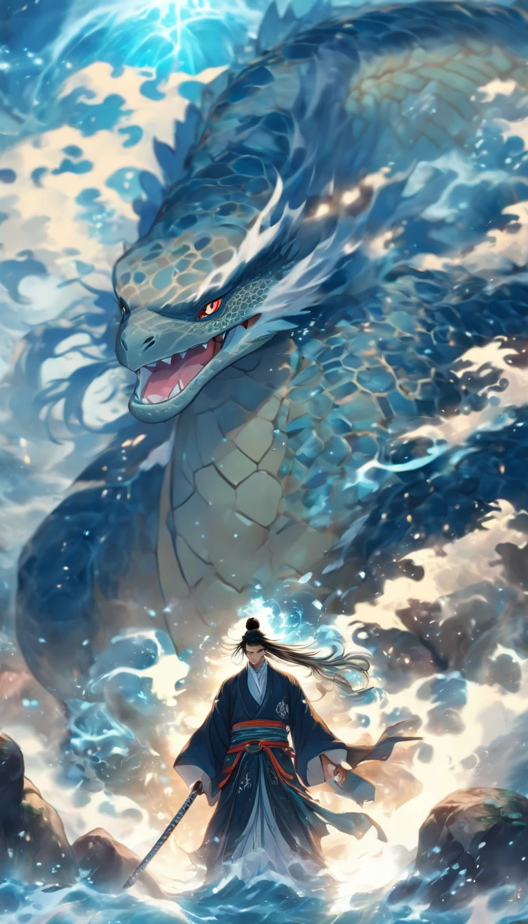 China-style，中景 the scene is，The Taoist priest stood in front of the giant roaring water turtle，Hideous，with thorns，blue colors，Stretch your hands，Long messy hair，Glow effects，Hyper-realistic，Ultra photo realsisim，Chinese black and white ink style，Silver，Decolorization，Smudge，ink，8K，super-fine，high qulity，OC renderer
