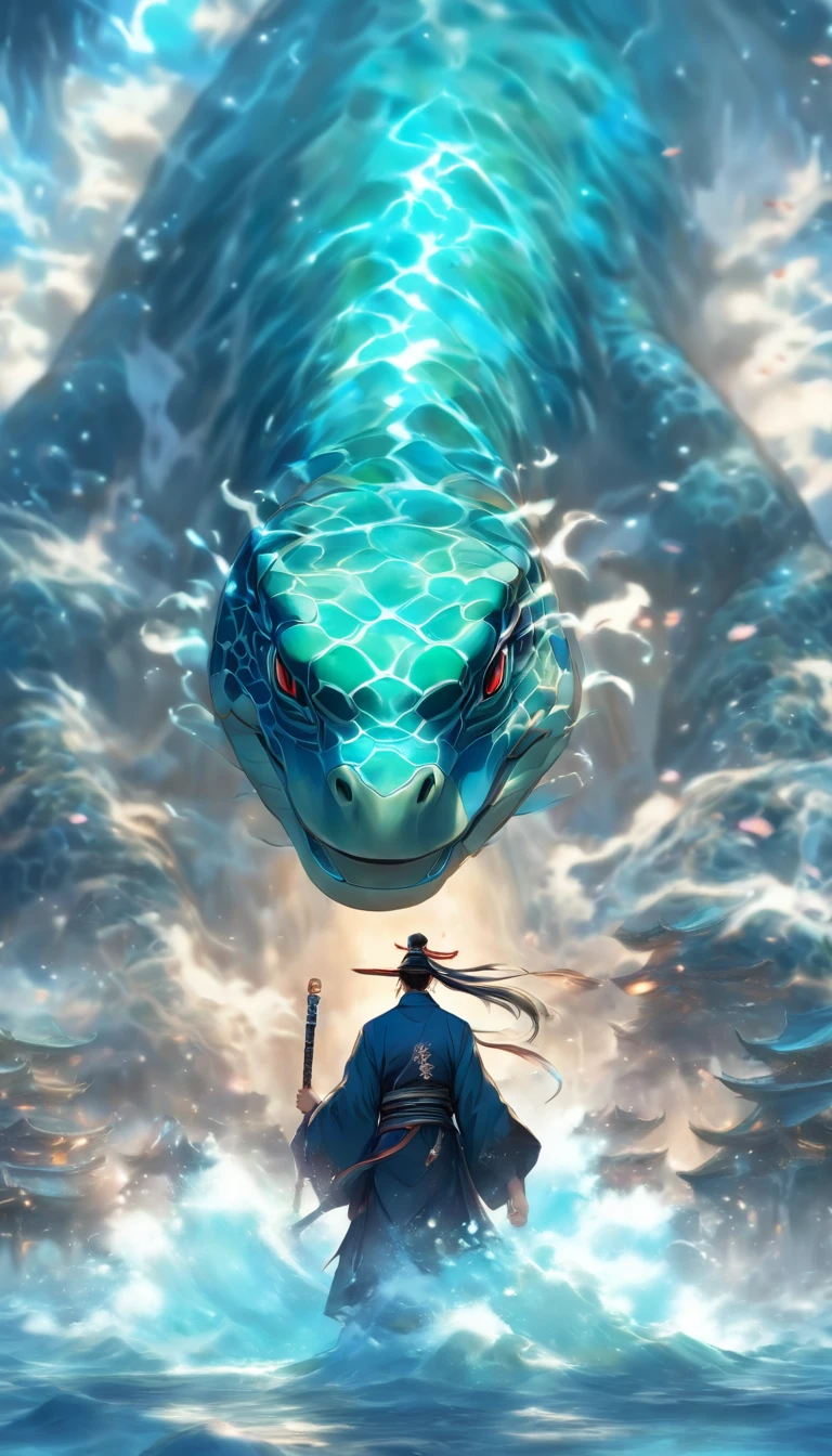 China-style,中景 the scene is,The Taoist priest stood in front of the giant roaring water turtle,Hideous,with thorns,blue colors,Stretch your hands,Long messy hair,Glow effects,Hyper-realistic,Ultra photo realsisim,Chinese black and white ink style,Silver,Decolorization,Smudge,ink,8K,super-fine,high qulity,OC renderer