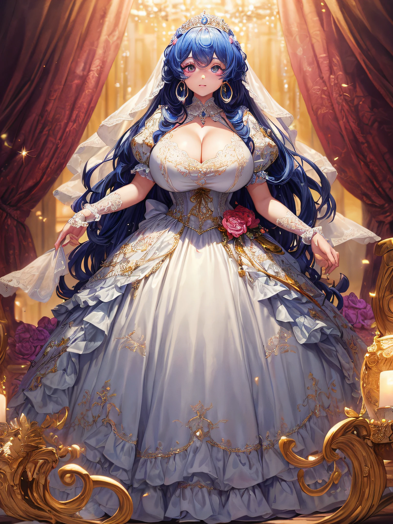 (masterpiece, best quality,extremely detailed:1.1),(moe anime art style:1.2),1girl,((full body,focus face)),((solo)), cute, kawaii,digital art,((1 gorgeous anime princess wearing beautiful embroidery and jeweled gorgeous princess rococo ballgown with voluminous full length hoop skirt)),((crinoline)),long train,voluminous frills,(gorgeous embroidery and beautiful lace),((very gigantic boobs,skindentation)),cleavage,shiny hair,(((very long hair,large amount of straight hair))),((finely detailed face and eyes)),clear pupil,extremely gorgeousfull hair ornament,(bling-bling jeweled extremely gorgeousfull tiara),(bling-bling gorgeous gemstone jewelry),long veil,beautiful background,fantasy background,flowers,flower petals flowing,full body,((beautiful embroidery and jeweled ruffled gorgeous princess rococo ballgown with voluminous full length hoop skirt))
