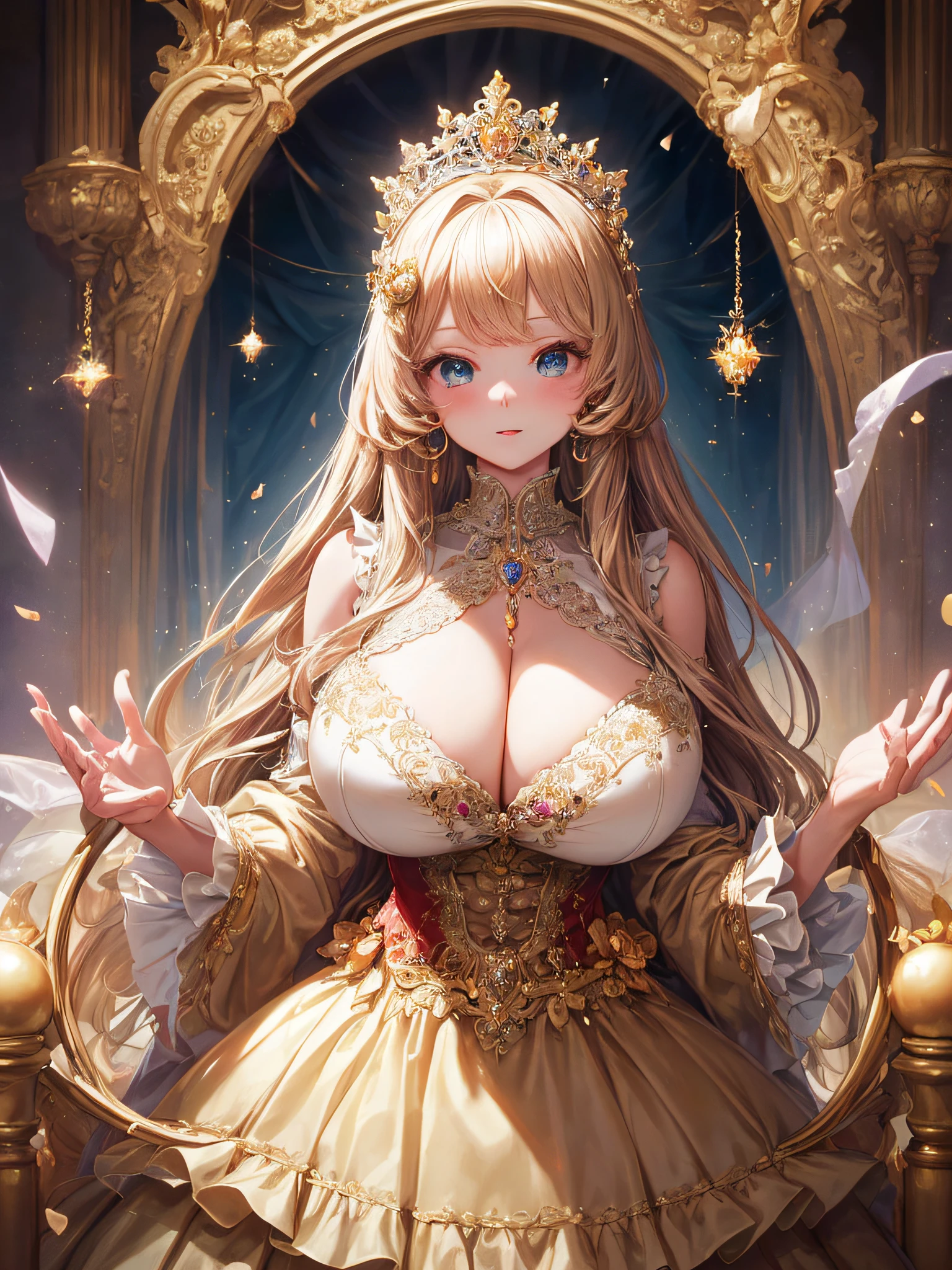 (masterpiece, best quality,extremely detailed:1.1),(moe anime art style:1.2),1girl,((full body,focus face)),((solo)), cute, kawaii,digital art,((1 gorgeous anime princess wearing beautiful embroidery and jeweled gorgeous princess rococo ballgown with voluminous full length hoop skirt)),((crinoline)),long train,voluminous frills,(gorgeous embroidery and beautiful lace),((very gigantic boobs,skindentation)),cleavage,shiny hair,(((very long hair,large amount of straight hair))),((finely detailed face and eyes)),clear pupil,extremely gorgeousfull hair ornament,(bling-bling jeweled extremely gorgeousfull tiara),(bling-bling gorgeous gemstone jewelry),long veil,beautiful background,fantasy background,flowers,flower petals flowing,full body,((beautiful embroidery and jeweled ruffled gorgeous princess rococo ballgown with voluminous full length hoop skirt))