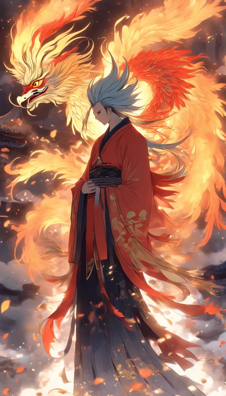 China-style，中景 the scene is，The Taoist priest stood in front of the huge firebird with spread wings，Stretch your hands，Long messy hair，Glow effects，Hyper-realistic，Ultra photo realsisim，Chinese black and white ink style，Silver，Decolorization，Smudge，ink，8K，super-fine，high qulity，OC renderer