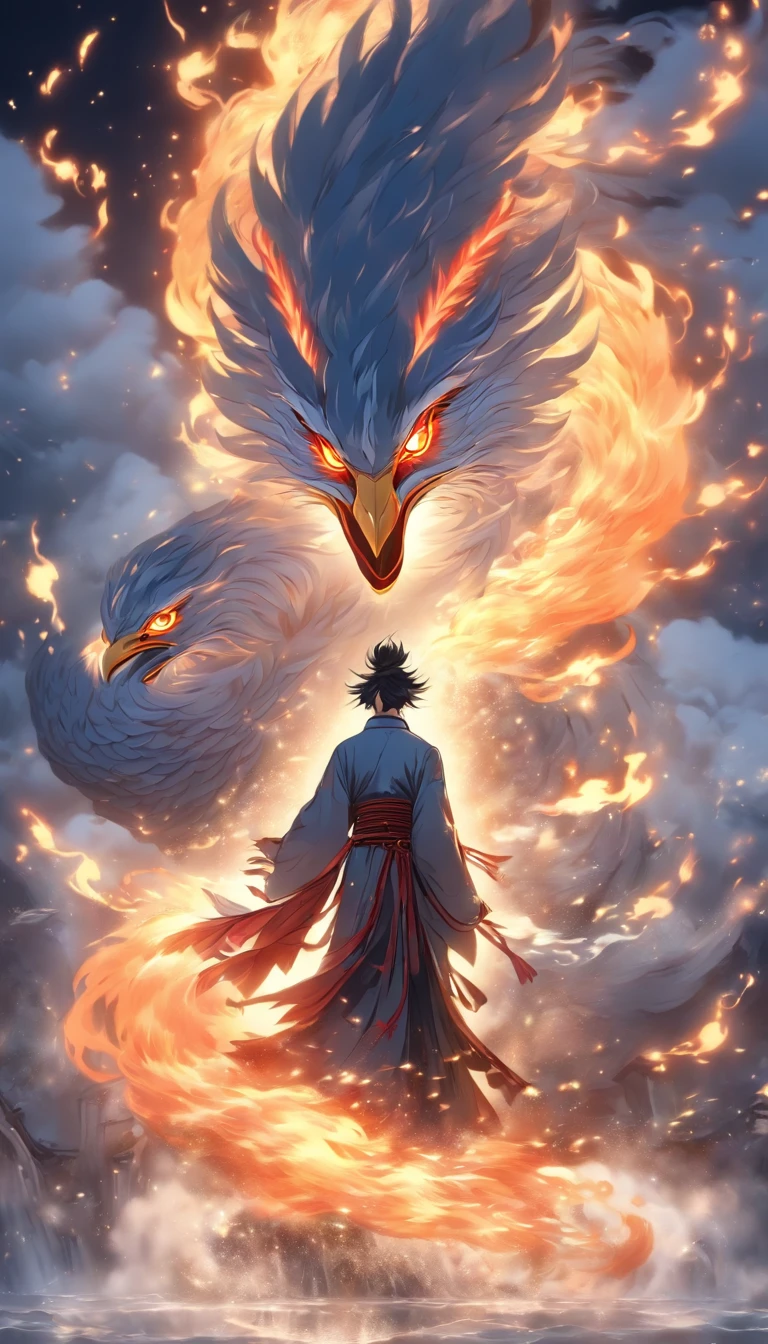 China-style,中景 the scene is,The Taoist priest stood in front of the huge firebird with spread wings,Stretch your hands,Long messy hair,Glow effects,Hyper-realistic,Ultra photo realsisim,Chinese black and white ink style,Silver,Decolorization,Smudge,ink,8K,super-fine,high qulity,OC renderer