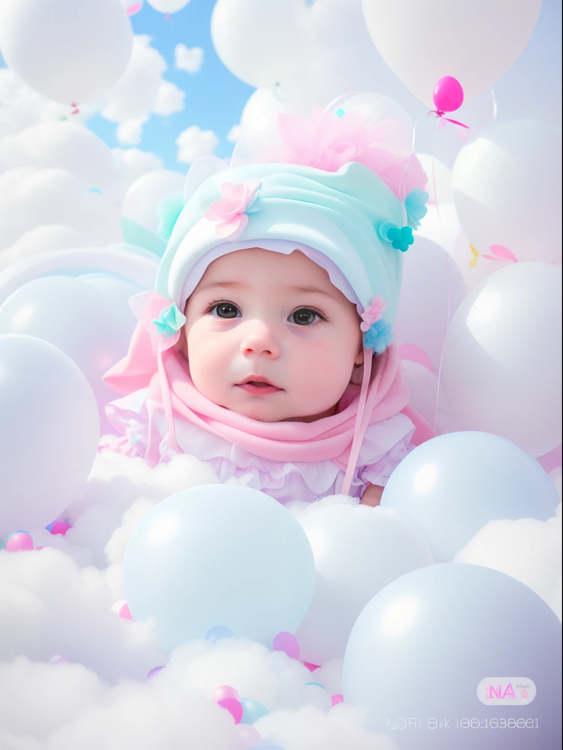 There was a in a hat surrounded by balloons, color photograph portrait 4k, maternal photography 4 k, 8k artistic portrait photography, anna nikonova, Soft portrait shot 8 K, !!! colored photography, Cute and lovely, in the white clouds fairyland, Bella Naji Abdi, lie on white clouds fairyland, by Irakli Nadar