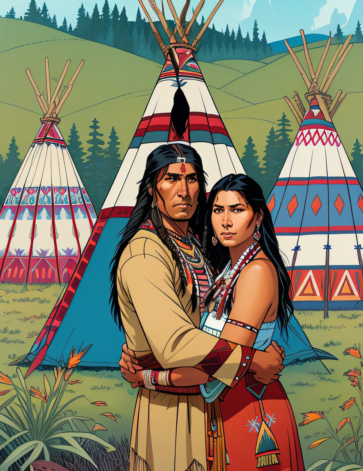 arafed native american couple hugging near teepees in a field, : native american shamen fantasy, published art, phil noto and rebecca guay, ( art fitzpatrick ), full color illustration, jen bartel, native american, by Joe Mangrum, native american art, by Jason Benjamin, by Craig Thompson, by Juan O'Gorman