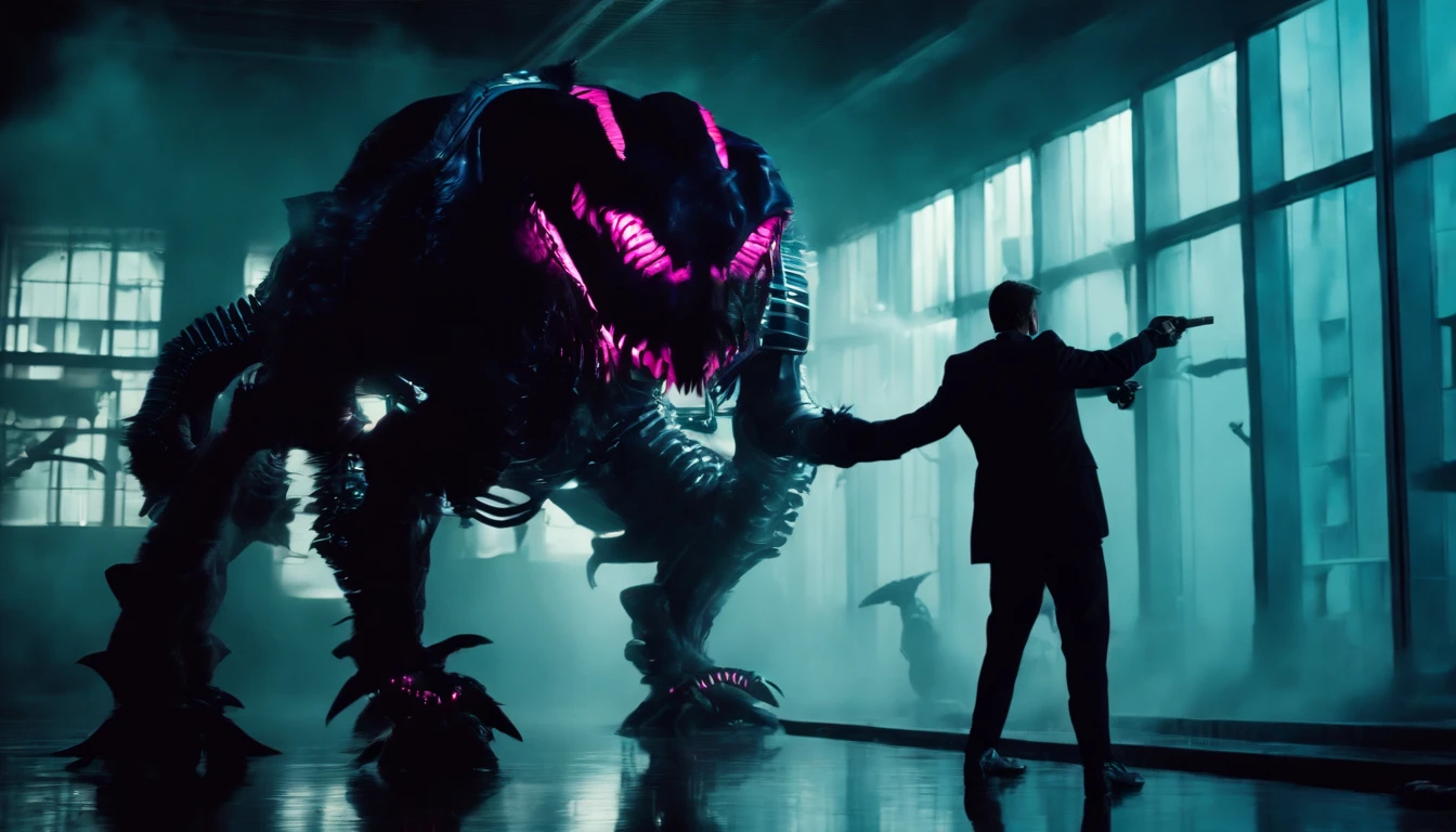 Fifteen men clad in a formal suit wields a weapon,Battle a (bio-mechanical monster:1.8),abandoned hospital corridor,illuminated by light rays filtering through the glass,in a contrasting pink and blue color scheme, absurdes, dynamic shadow, painting style:Surrealism,artist: Alena Aenami