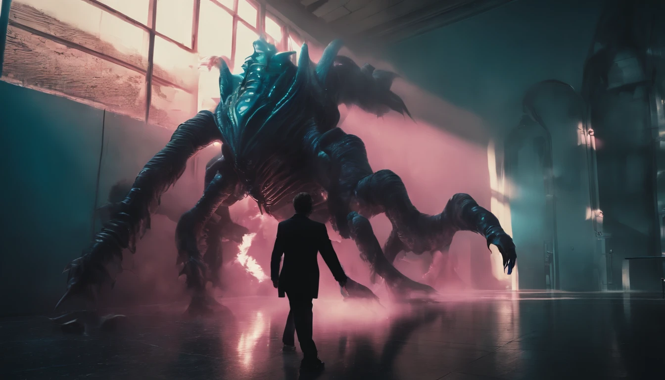 Fifteen men clad in a formal suit wields a weapon,Battle a (bio-mechanical monster:1.8),abandoned hospital corridor,illuminated by light rays filtering through the glass,in a contrasting pink and blue color scheme, absurdes, dynamic shadow, painting style:Surrealism,artist: Alena Aenami