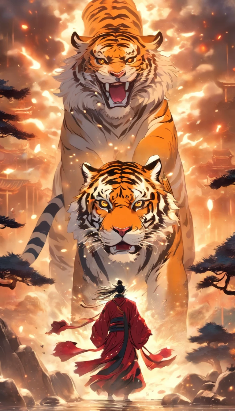 China-style，中景 the scene is，The Taoist priest stood in front of the roaring giant white tiger，Stretch your hands，Long messy hair，Glow effects，Hyper-realistic，Ultra photo realsisim，Chinese black and white ink style，Silver，Decolorization，Smudge，ink，8K，super-fine，high qulity，OC renderer