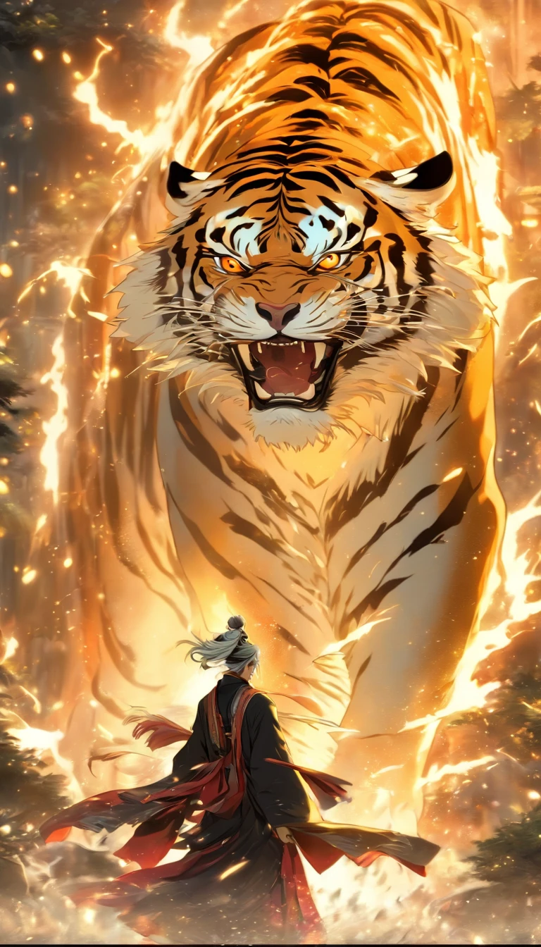 China-style，中景 the scene is，The Taoist priest stood in front of the roaring giant white tiger，Stretch your hands，Long messy hair，Glow effects，Hyper-realistic，Ultra photo realsisim，Chinese black and white ink style，Silver，Decolorization，Smudge，ink，8K，super-fine，high qulity，OC renderer