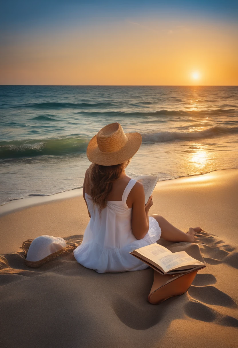 1girl, about 28 years old, smiling anxiously, reading a book, embarrased, on the beach