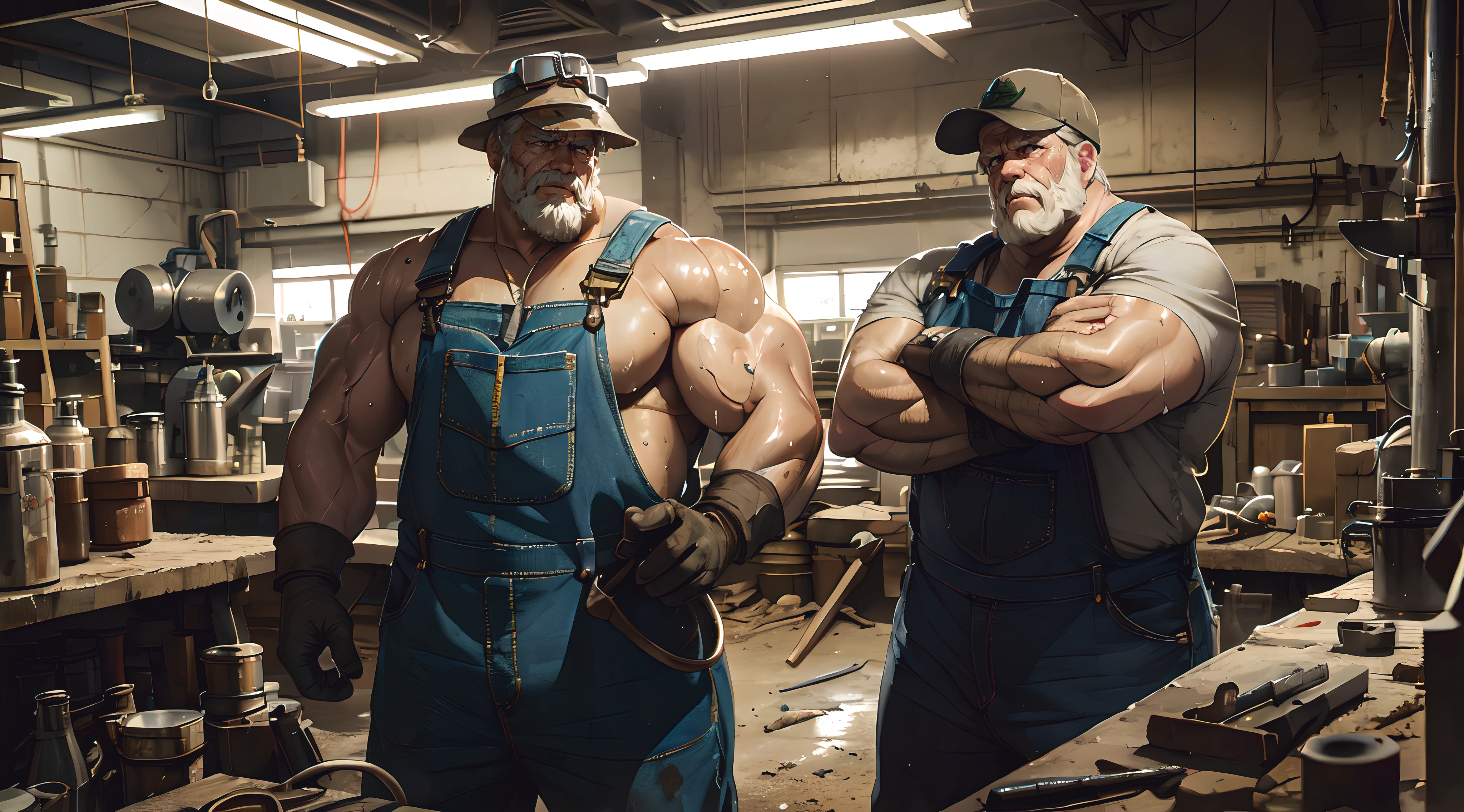 muscular old man, mechanical worker, detailed face, strong arms and hands, oil-covered overalls, worn-out tools, greasy machinery, heavy-duty equipment, diligent expression, hard hat, tool belt, imposing stance, industrial setting, dimly lit workshop, sparks flying, intense focus, rough and calloused hands, muscular physique, sweat dripping, dirty and smudged face, aged with wisdom, worn-out boots, confident demeanor, experienced craftsman, powerful presence, worn-out work gloves, dedication to craftsmanship, vintage machinery, oil stains, precision and accuracy, vintage goggles, welding sparks, high-res details, rustic charm, sturdy and robust, atmospheric lighting, bronze tones, masculine energy.