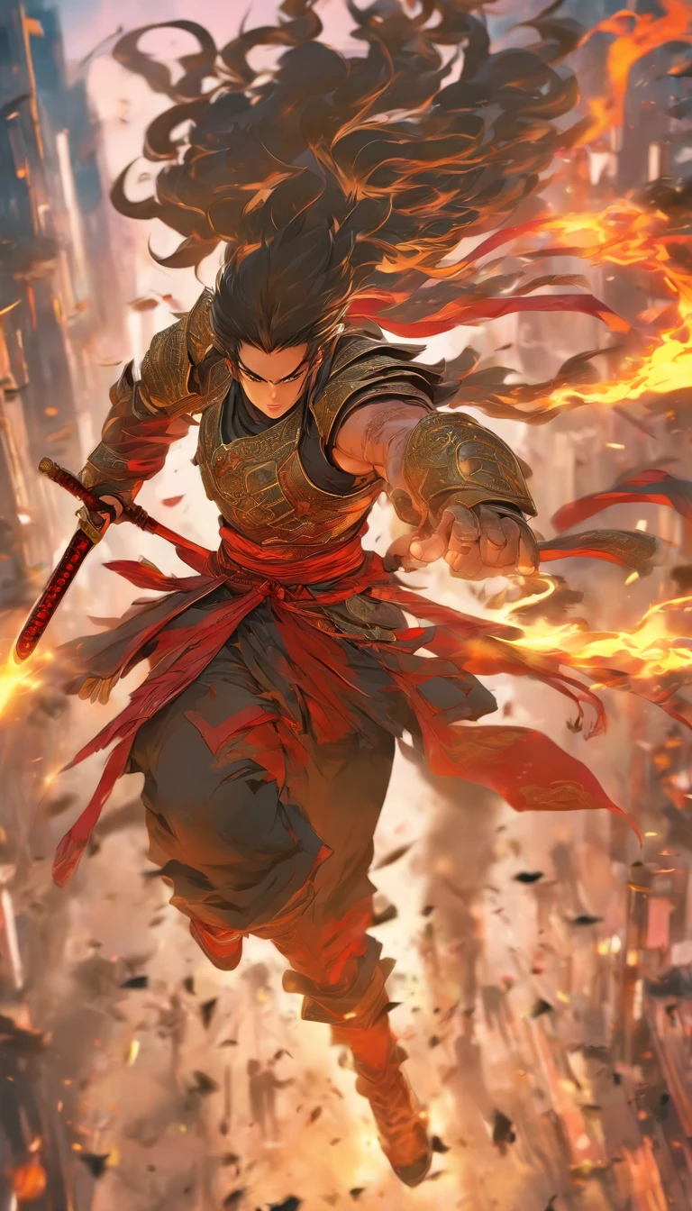 中景 the scene is,Chinese ink style,Smudge,Female general,Wielding an oversized combat knife is one person tall,Dark,Flowing and chic,Ancient armor,Combat boots,(Full body like:1.5),Chang'an Avenue,ventania,8K,((super-fine)),Hyper-realistic,(((OC renderer)))