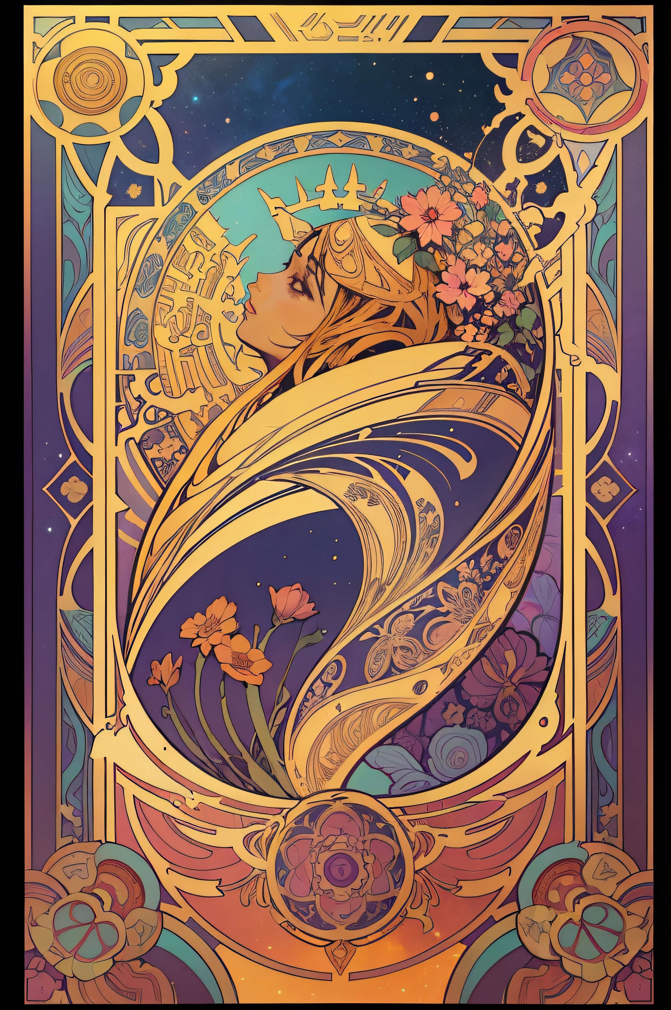 Symmetry Full-Layout Complete Composition and Complete Closed Alfons-Mucha-Style Rectangle Decorative Surround Full-Layout Whole Edge and absolutely five fullbody female stand together in A frame Golden details