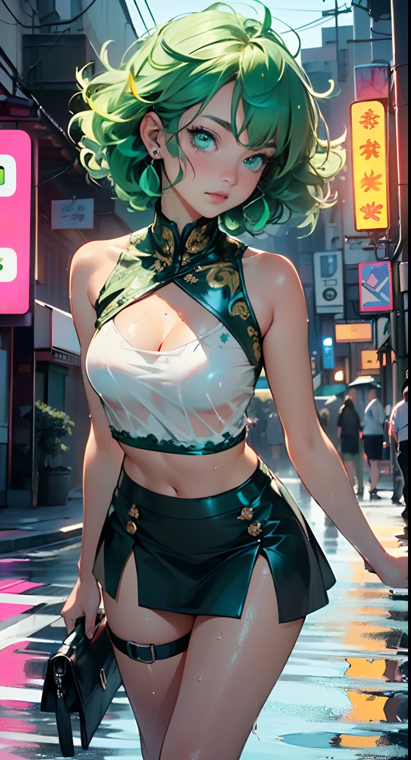 girl youtuber,(((1girl))),((extremely cute and beautiful green curly-haired girl)),
(short breasts:1.4),(((green curly hair:1.35,very curly hair,colored inner hair,ear breathing,short hair))),(((green eyes:1.3))),intricate eyes,beautiful detailed eyes,symmetrical eyes,big eyes:1.3((fat)),(((lustrous skin:1.5,bright skin: 1.5,skin tanned,shiny skin,very shiny skin,shiny body,plastic glitter skin,exaggerated shiny skin,illuminated skin,wet legs))),delicate detailed fingers,detailed body,human hands,(detailed face),
cute,slutty,seductive,erotic,(((nsfw))),
zettai ryouiki,revealing clothing,show skin,((rave mini-skirt,visible thong straps,white loose tank top with an pop art print)),((wet clothes,intricate outfit,intricate clothes)),
(dynamic pose:1.0),embarrassed,(centered,scale to fit dimensions,Rule of thirds),
cyberpunk city by the ocean at night, with bright neon signs and dark stormy clouds and puddles, scenery:1.25,
highres, sharp focus, (ultra detailed, extremely detailed), (photorealistic artwork:1.37),(extremely detailed CG unity 8k wallpaper),((synthwave background theme)),(((vibrant colors))),(intricate background),(masterpiece),(best quality),