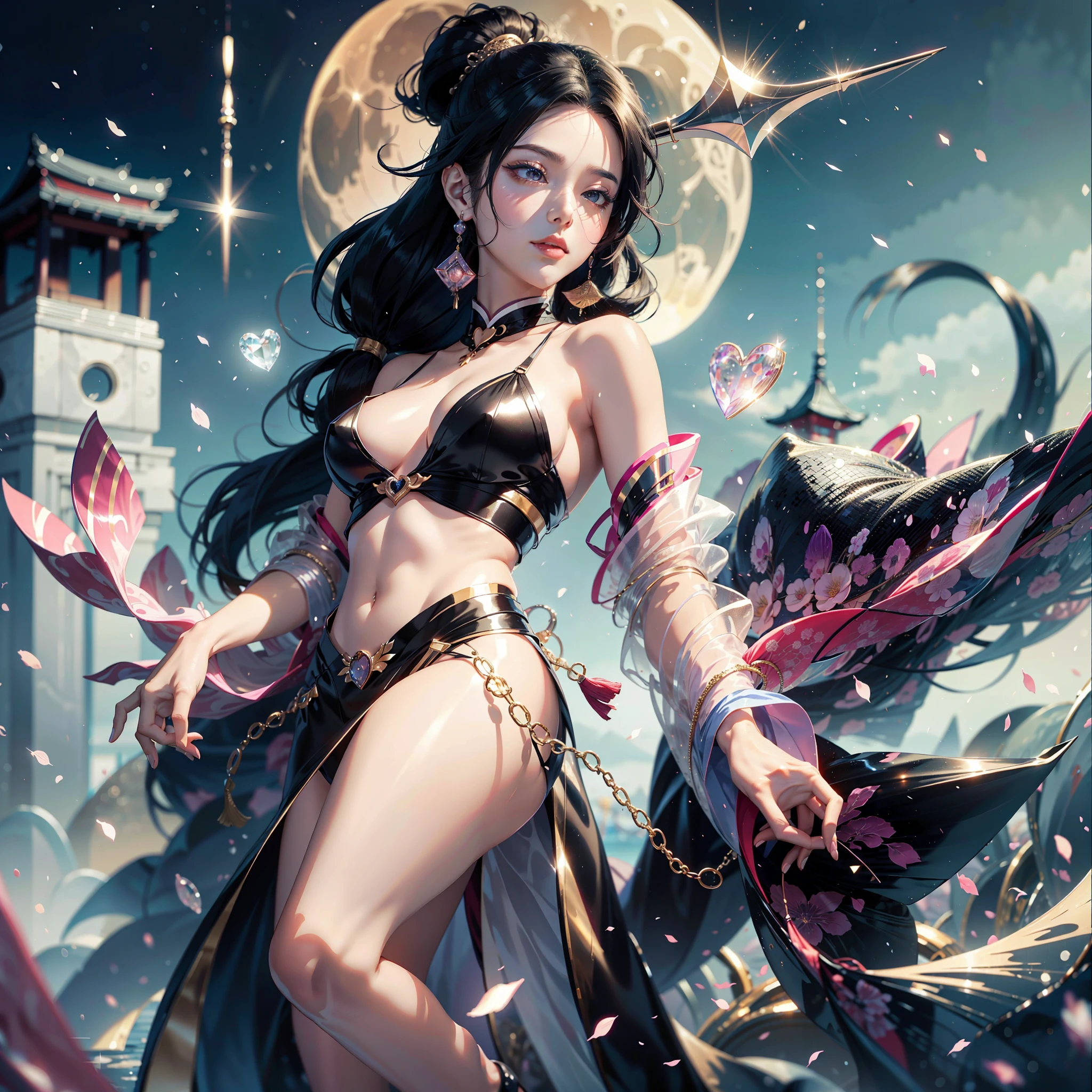 watching at viewers、moon in background、poneyTail、Woman with shiny black hair、Gorgeous kimono、Depict a beautiful and graceful woman of Japan。Heart in the eye。full body Esbian。 Beautiful anime art wallpaper 8k, beautiful fantasy anime, Beautiful anime, Detailed anime artwork.Blur the background with a sickle