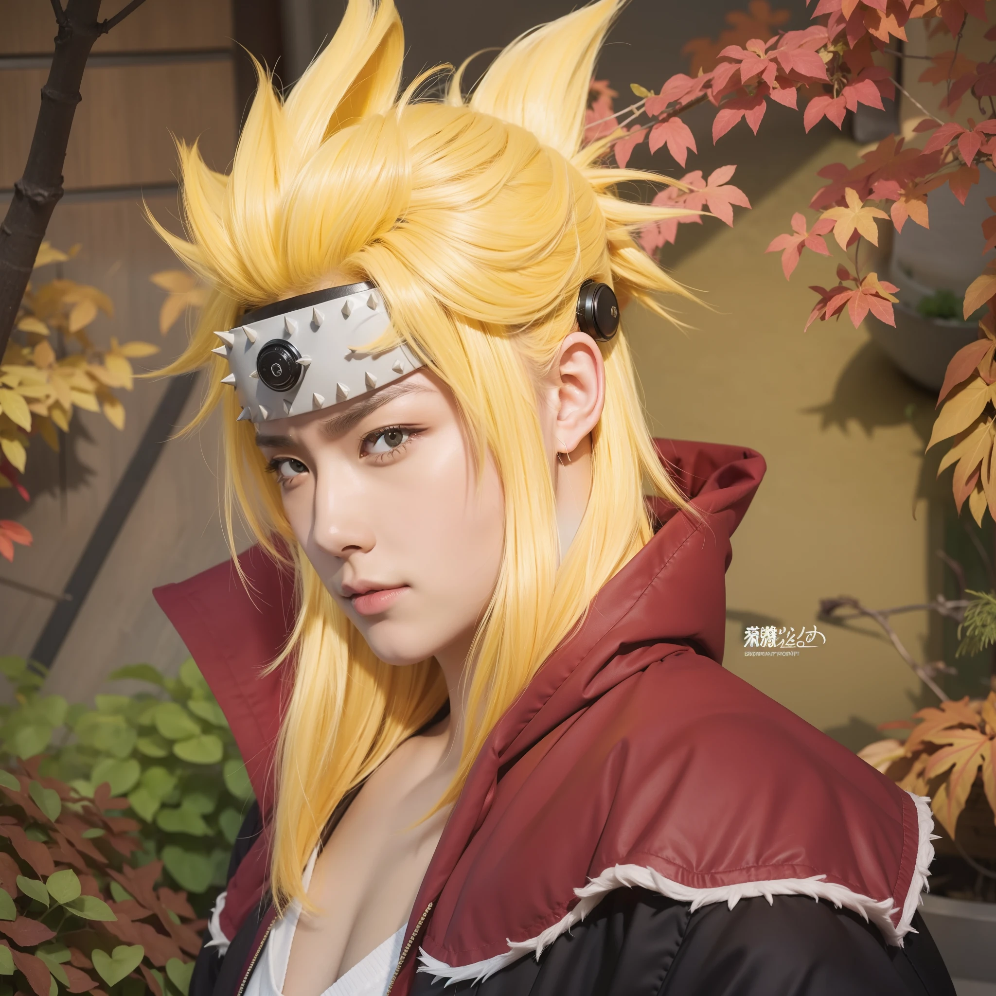 Real life adaption of this character ,adult Japanese man ,realistic yellow spiky hairstyle,realistic same outfit,hyper realistic,realism,realistic light,realistic shadow(photorealistic:1.2)