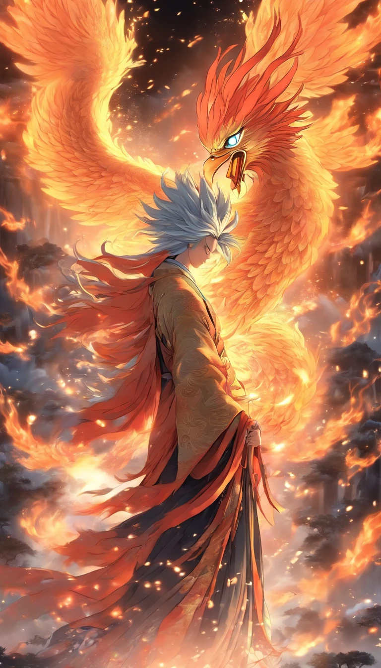 China-style,中景 the scene is,The Taoist priest stood in front of the huge firebird with spread wings,Stretch your hands,Long messy hair,Glow effects,Hyper-realistic,Ultra photo realsisim,Chinese black and white ink style,Silver,Decolorization,Smudge,ink,8K,super-fine,high qulity,OC renderer