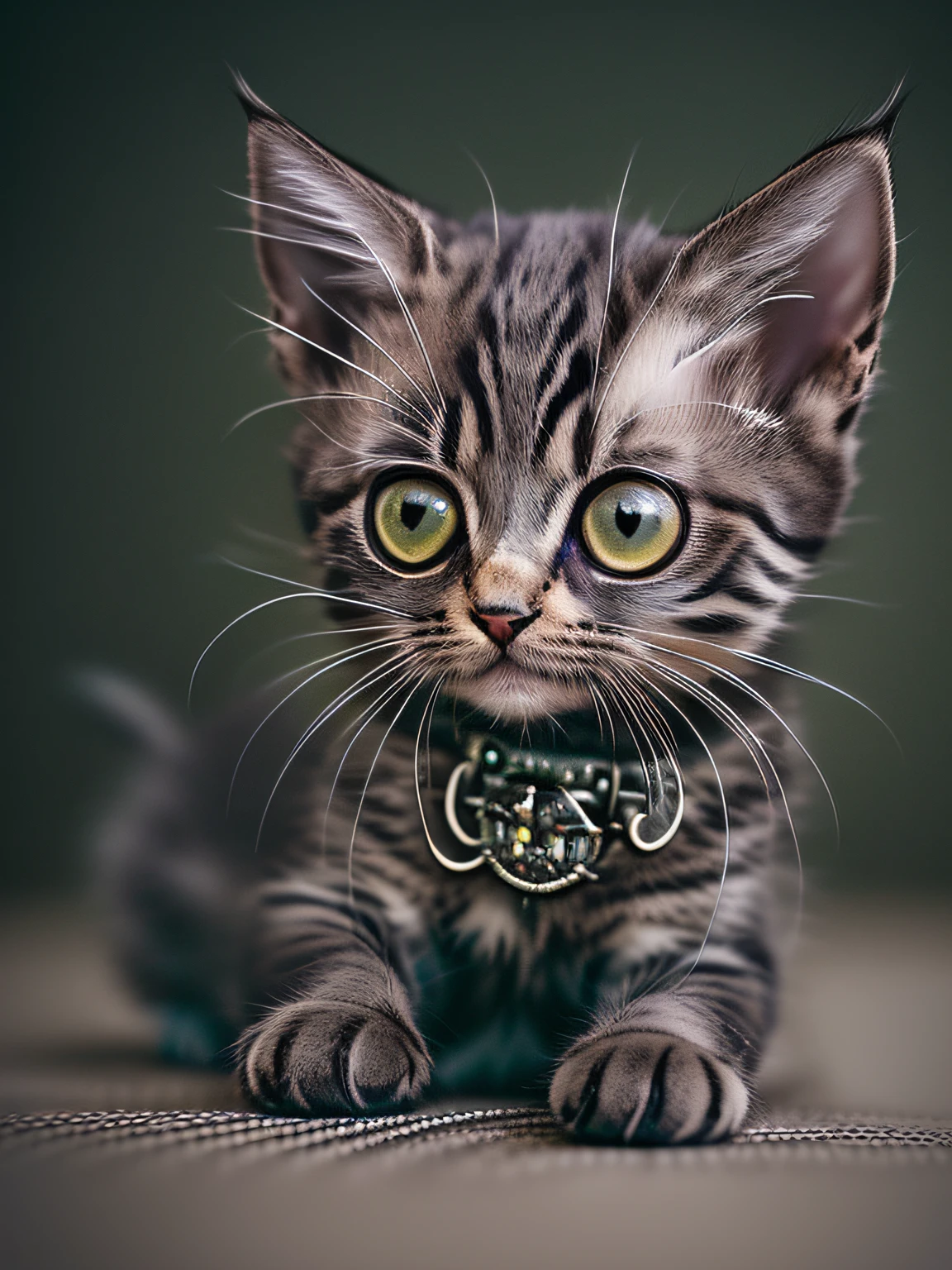 a cute kitten made out of metal，(Cyborg:1.1)，([Tail | detailed wire]:1.3)，(Complicated details)，hdr，(Complicated details，ultra - detailed:1.2)，Cinema lenses，Vignette，at centre，Macro lens, Cyborg, Cyberpunk Style, ((Intricate details)), hdr, ((Intricate details, ultra - detailed)), cinema shot, Vignette, Perfect (((Gorgeous face))), Highly detailed, iintricate