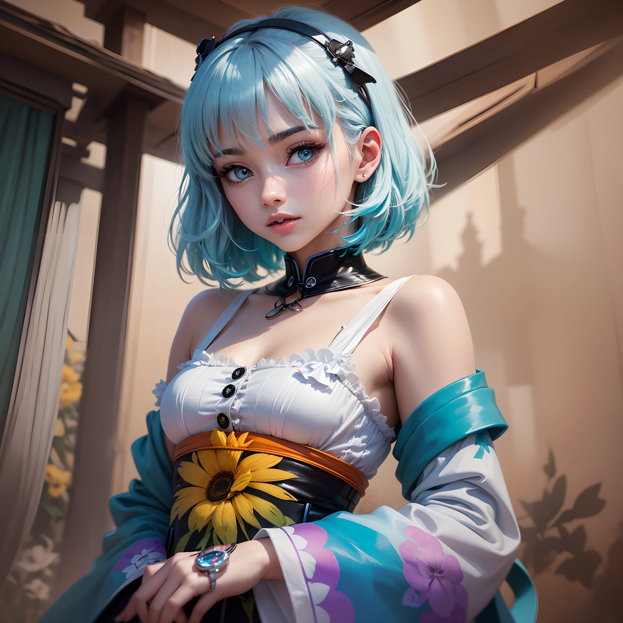 Rei Ayanami,(Obra maestra), (La mejor calidad), (Super detail), (cabello despeinado), (illustration), (Una chica), (Ropa de moda), En pie, Modelo de moda, contenedor, (entrevista), (Fondo simple), ojos finamente hermosos, cara delicada y hermosa, flotante, (high saturation), (salpicaduras coloridas), burbuja colorida, (brillar), Enfoque en la cara, Cola de caballo, cabello azul claro, flequillo, Anillos para el cabello, flores flotantes, pelos flotantes, (brillante), better lighting, Las mejores sombras