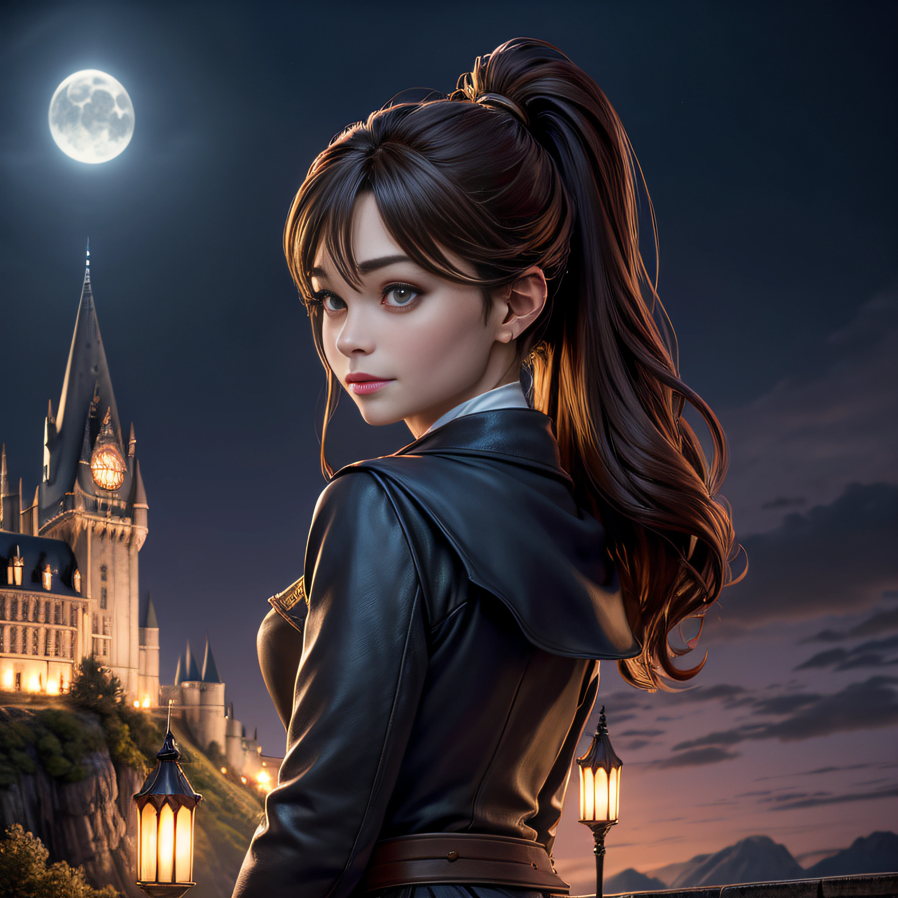 Kristin Kreuk avec Harry Potter (Daniel Radcliffe) devant le chateau de Hogwarts. Elle a de longs cheveux bruns. ponytail. Nuit de pleine lune, Hogwarts Castle in the background. Illuminated by moonlight and lamps in the city. Chef d'oeuvre. golden ratio. highly detailed. very wide shot. Very large plan