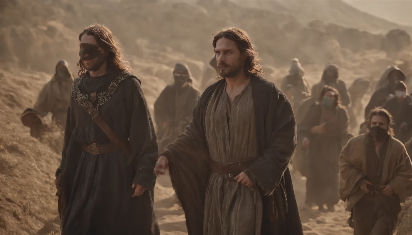 (Renderizado 3D profesional:1.3) de (realista:1.3) The most beautiful artistic photo in the world,soft features, Brilliant male heroes, ((Crowds gather with Jesus in the dusty hills of Judea, in dynamic pose, Fantastic location, Majestuoso entorno desordenado)), Renderizado de unidades 8K de cuerpo completo, action shot, poros de la piel, very dark lighting, sombreado pesado, detallado, cara detallada, (Vibrante, realistic photograph, realista, dramatic, Oscuro, foco nítido, 8k), (Old leather clothes damaged by bad weather:1.4), ((((Wear masks)))), (intrincado:1.4), decadente, (Altamente detallado:1.4), Pintura digital, Renderizado por Octane, Estaciones de arte, Concepto-Arte, liso, foco nítido, 插圖, germen del arte, (loish:0.23), WLOP Ilya Kuvshinov, e Greg Rutkowski e Alphonse Mucha Gracias, (global ilumination, Studiolight, Light Volumetric), fuertes lluvias, particles floating, LotR, fantasy, Nuestro, Cuerpo inteiroesbian, ((Fondo oscuro y antiguo de la ciudad:1.3)),CGSesociedade,Estaciones de arte