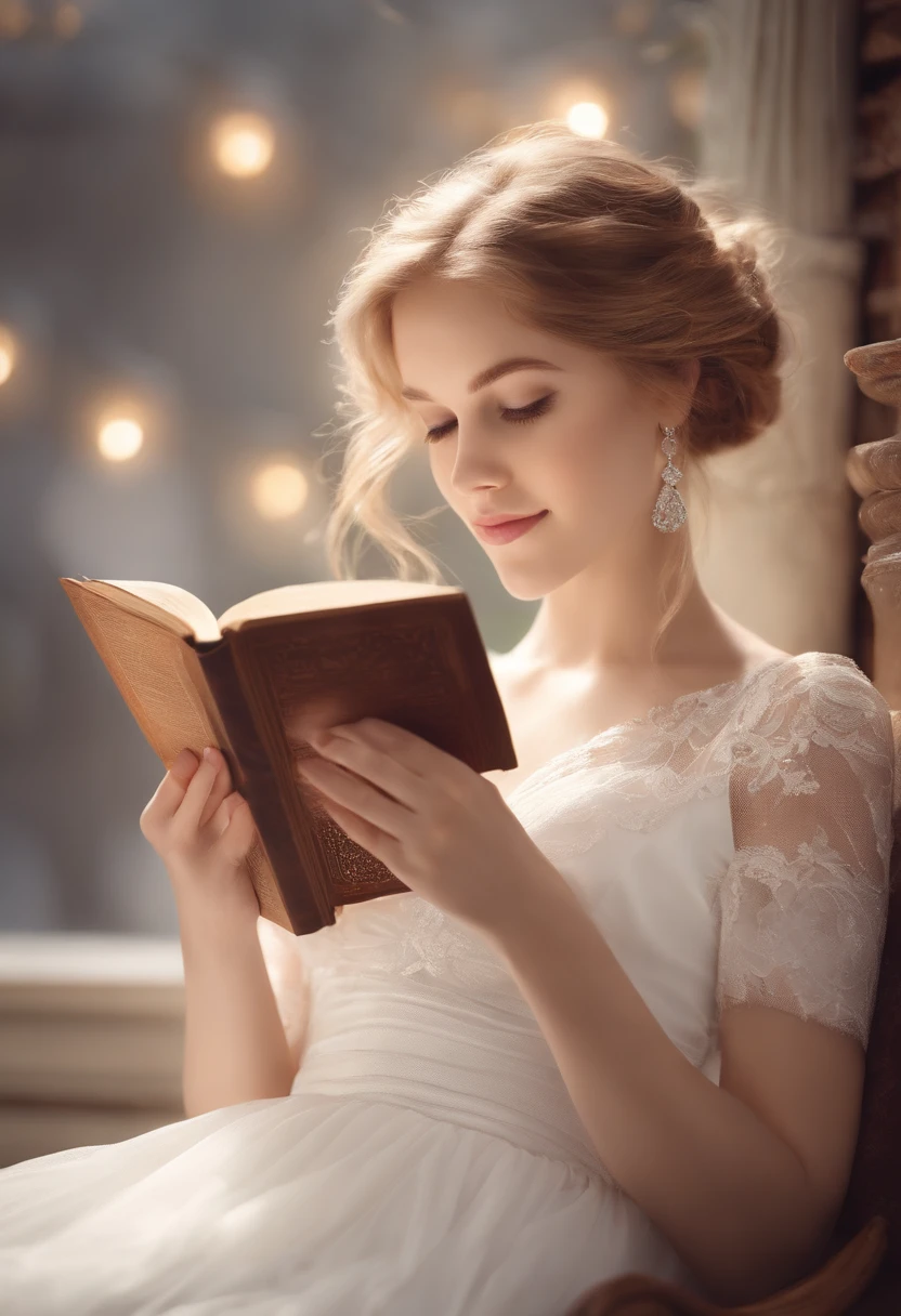 1girl, reading a book, upper body, short floating white dress, smiling, pensative