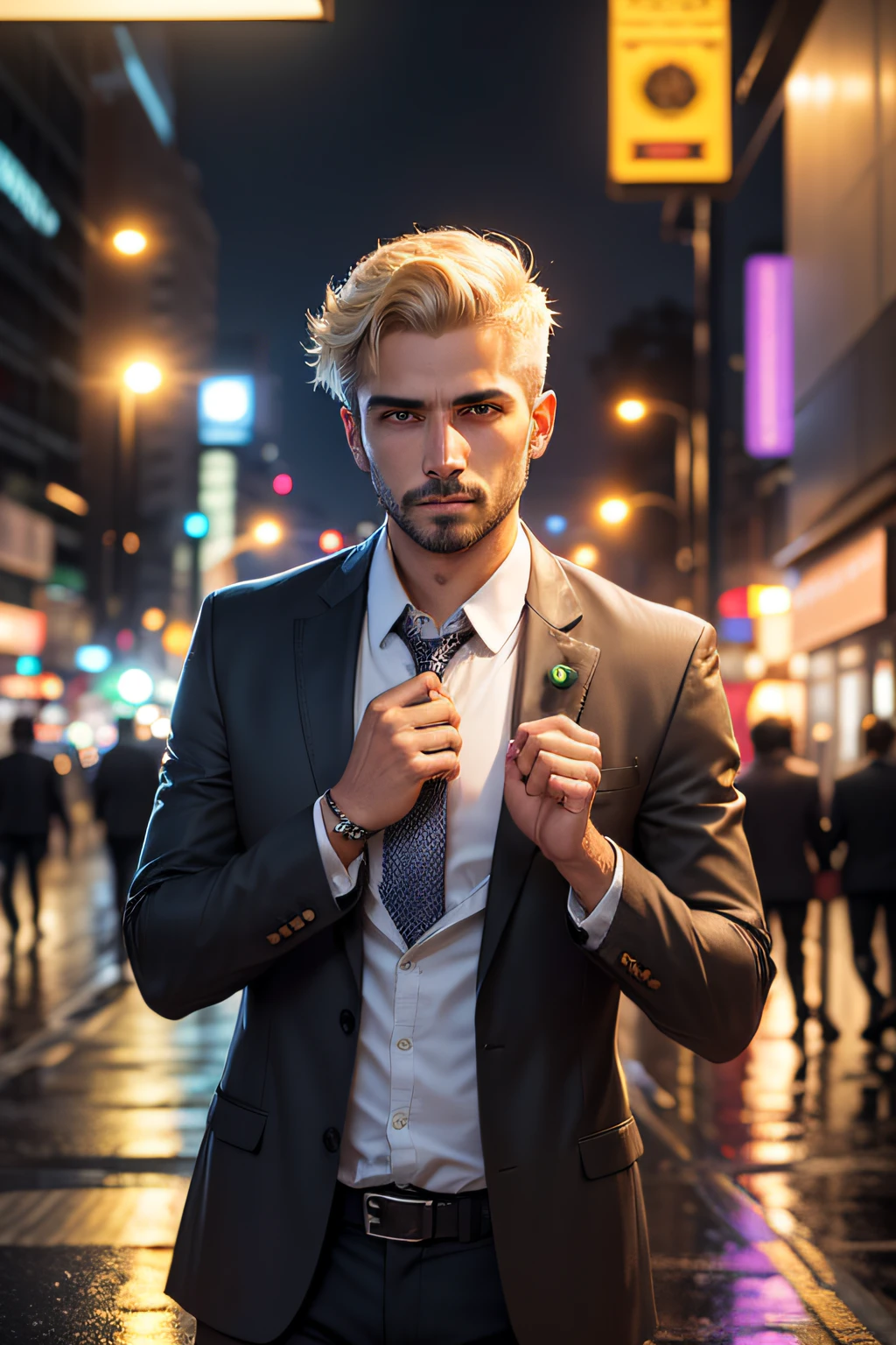 a brazilian man in my early 30s. I short blond hair, and an average build - nothing too remarkable about my appearance. in business casual dress - slacks, dress shirts, blazers, 8k, RAW photo, best quality, master piece: 1.2), (realistic, photo-realistic: 1.37), Sao Paulo Brazil street, night, Rain, humid, Cityscape, night, SOLARPUNK CITY, soft light, , face extremely Brazilian, put hands down,Pigsney