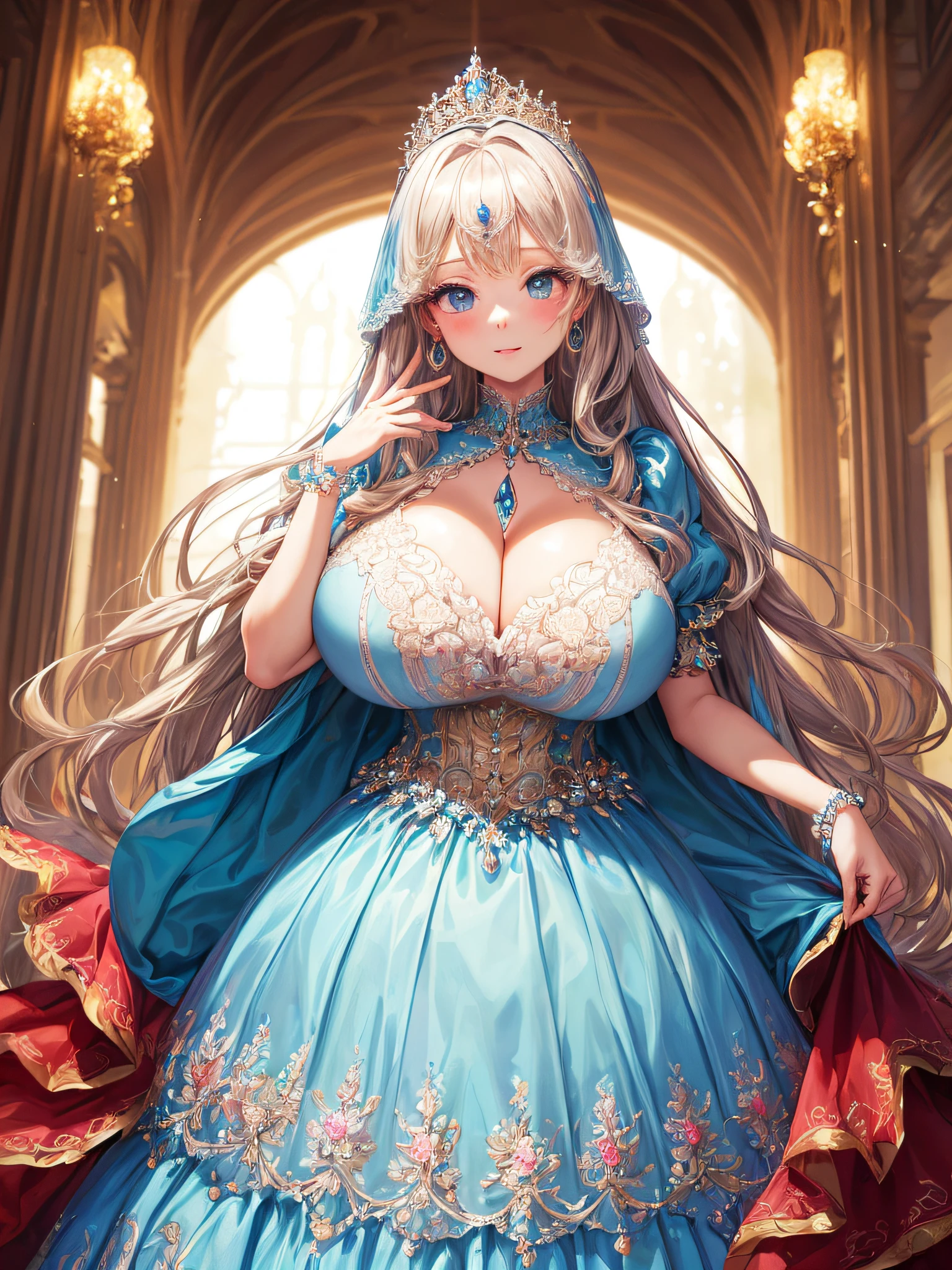 (masterpiece, best quality,extremely detailed:1.1),(moe anime art style:1.2),1girl,((full body,focus face)),((solo)), cute, kawaii,digital art,((1 gorgeous anime princess wearing beautiful embroidery and jeweled gorgeous princess rococo ballgown with voluminous full length hoop skirt)),((crinoline)),long train,voluminous frills,(gorgeous embroidery and beautiful lace),((very gigantic boobs,skindentation)),cleavage,shiny hair,(((very long hair,large amount of straight hair))),((finely detailed face and eyes)),clear pupil,extremely gorgeousfull hair ornament,(bling-bling jeweled extremely gorgeousfull tiara),(bling-bling gorgeous gemstone jewelry),long veil,beautiful background,fantasy background,flowers,flower petals flowing,full body,((beautiful embroidery and jeweled ruffled gorgeous princess rococo ballgown with voluminous full length hoop skirt))