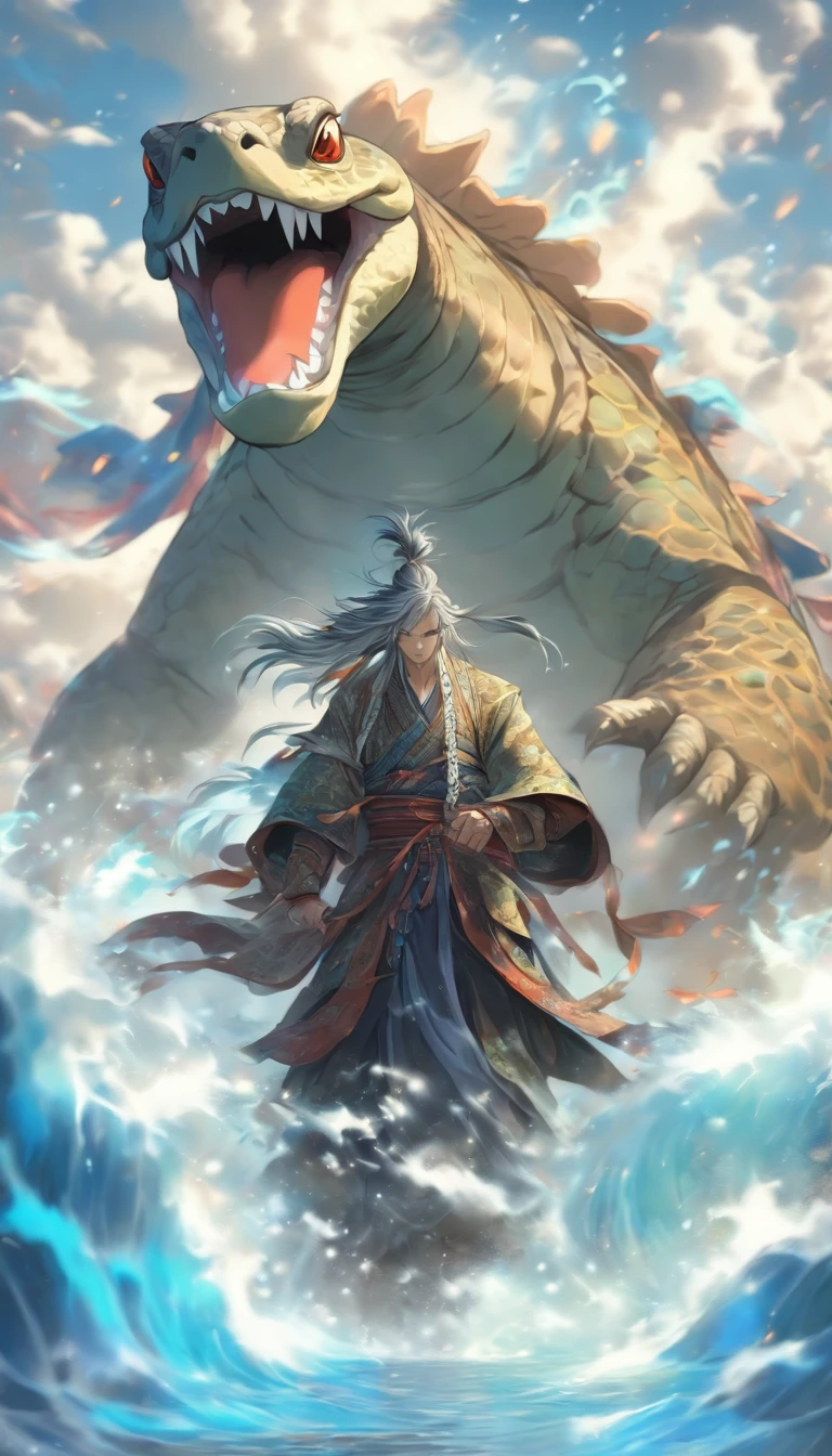 China-style，中景 the scene is，The Taoist priest stood in front of the giant roaring water turtle，Hideous，with thorns，blue colors，Stretch your hands，Long messy hair，Glow effects，Hyper-realistic，Ultra photo realsisim，Chinese black and white ink style，Silver，Decolorization，Smudge，ink，8K，super-fine，high qulity，OC renderer